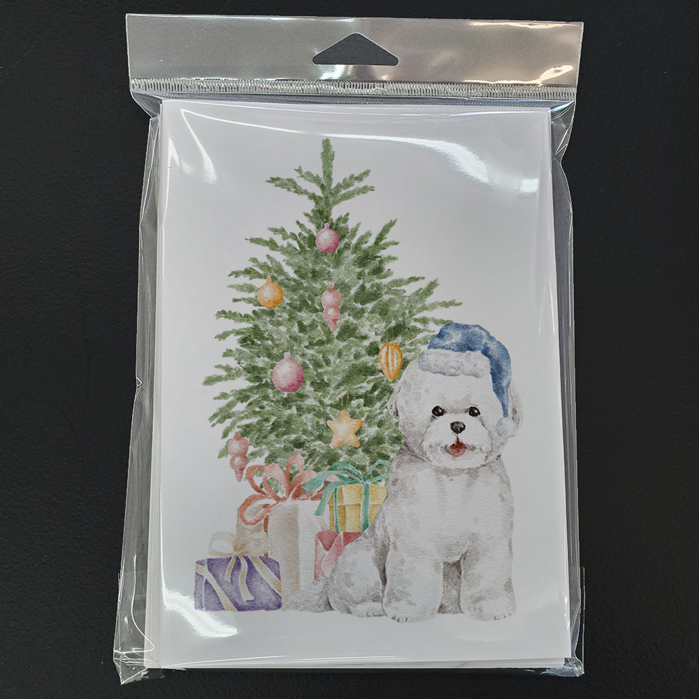 Bichon Frise Blue Hat Christmas Presents and Tree Greeting Cards Pack of 8 Blank Cards with Envelopes Whimsical A7 Size 5x7