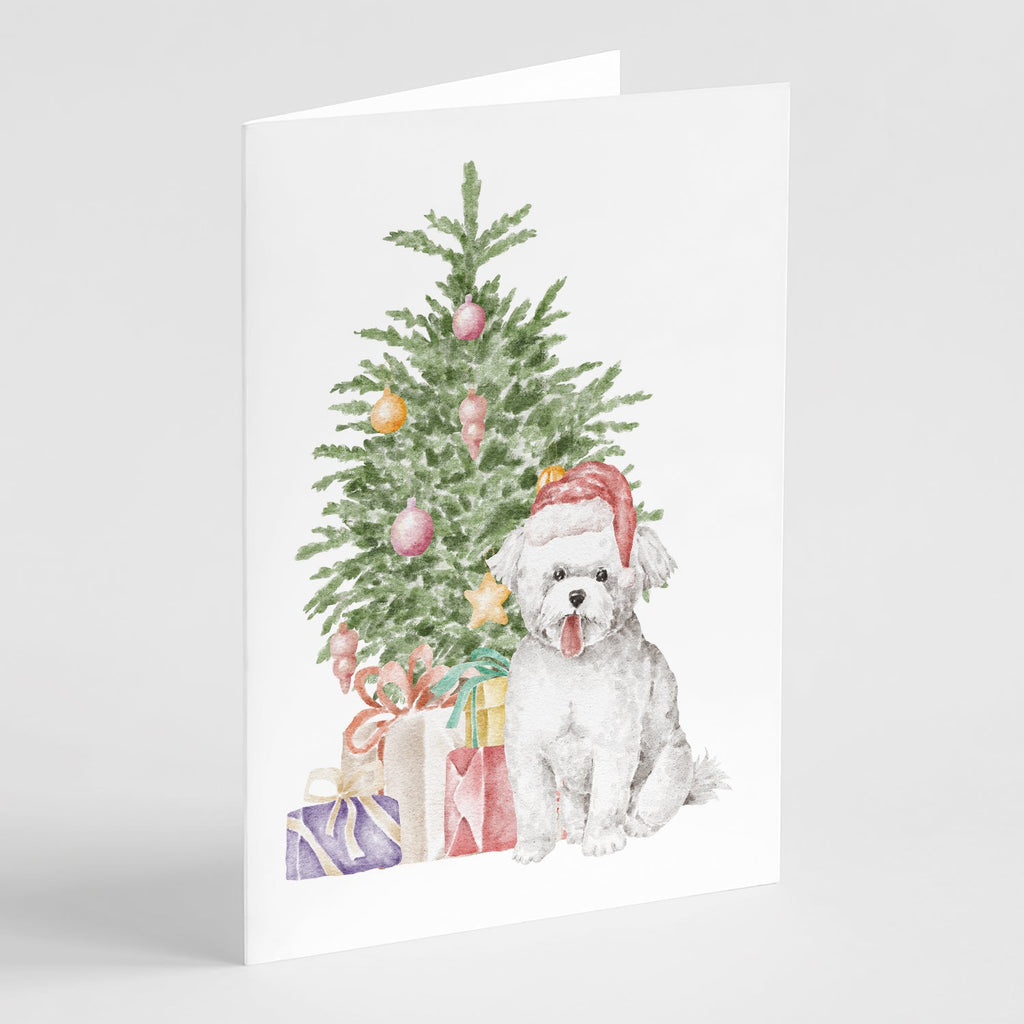 Bichon Frise Puppy Christmas Presents and Tree Greeting Cards Pack of 8 Blank Cards with Envelopes Whimsical A7 Size 5x7
