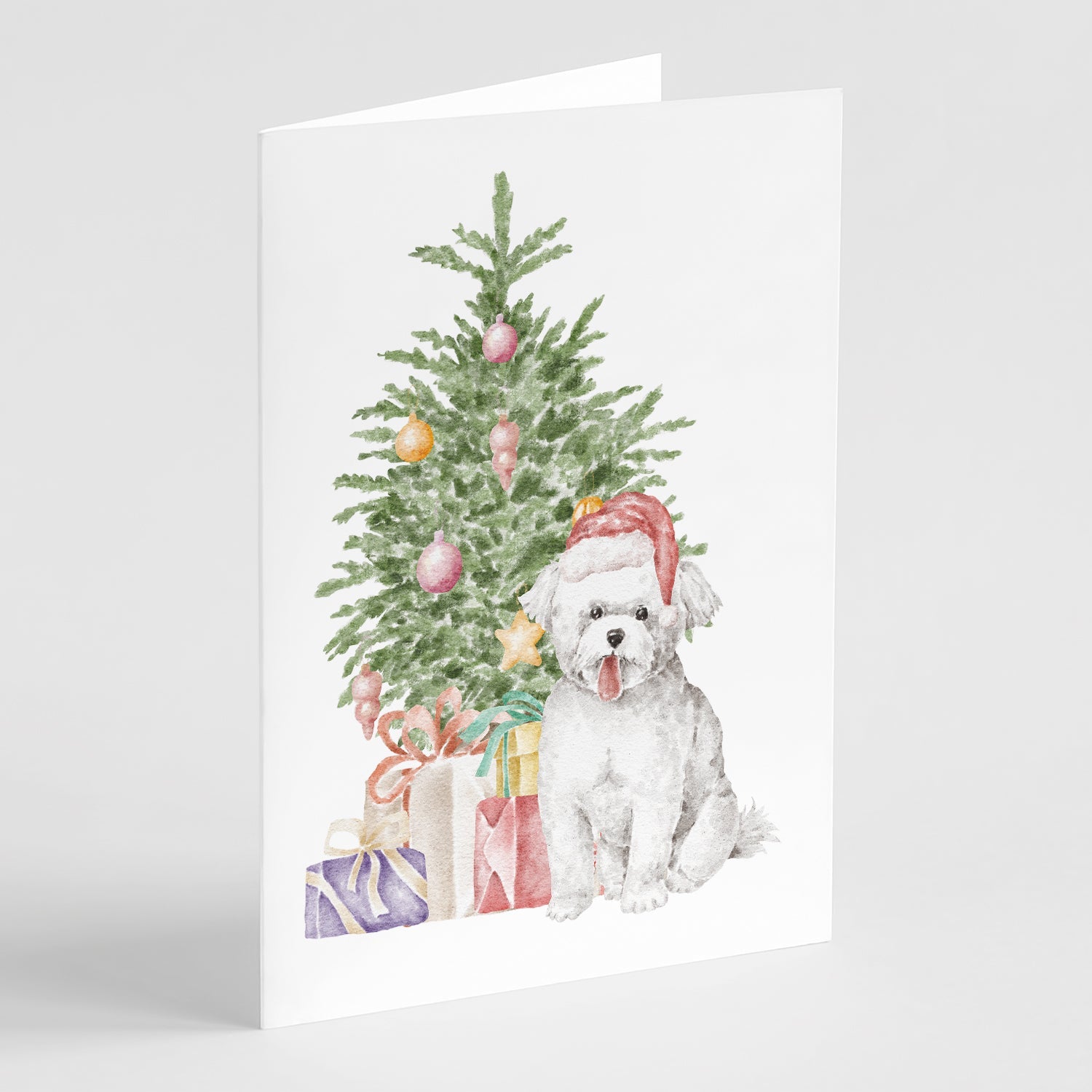 Bichon Frise Puppy Christmas Presents and Tree Greeting Cards Pack of 8 Blank Cards with Envelopes Whimsical A7 Size 5x7