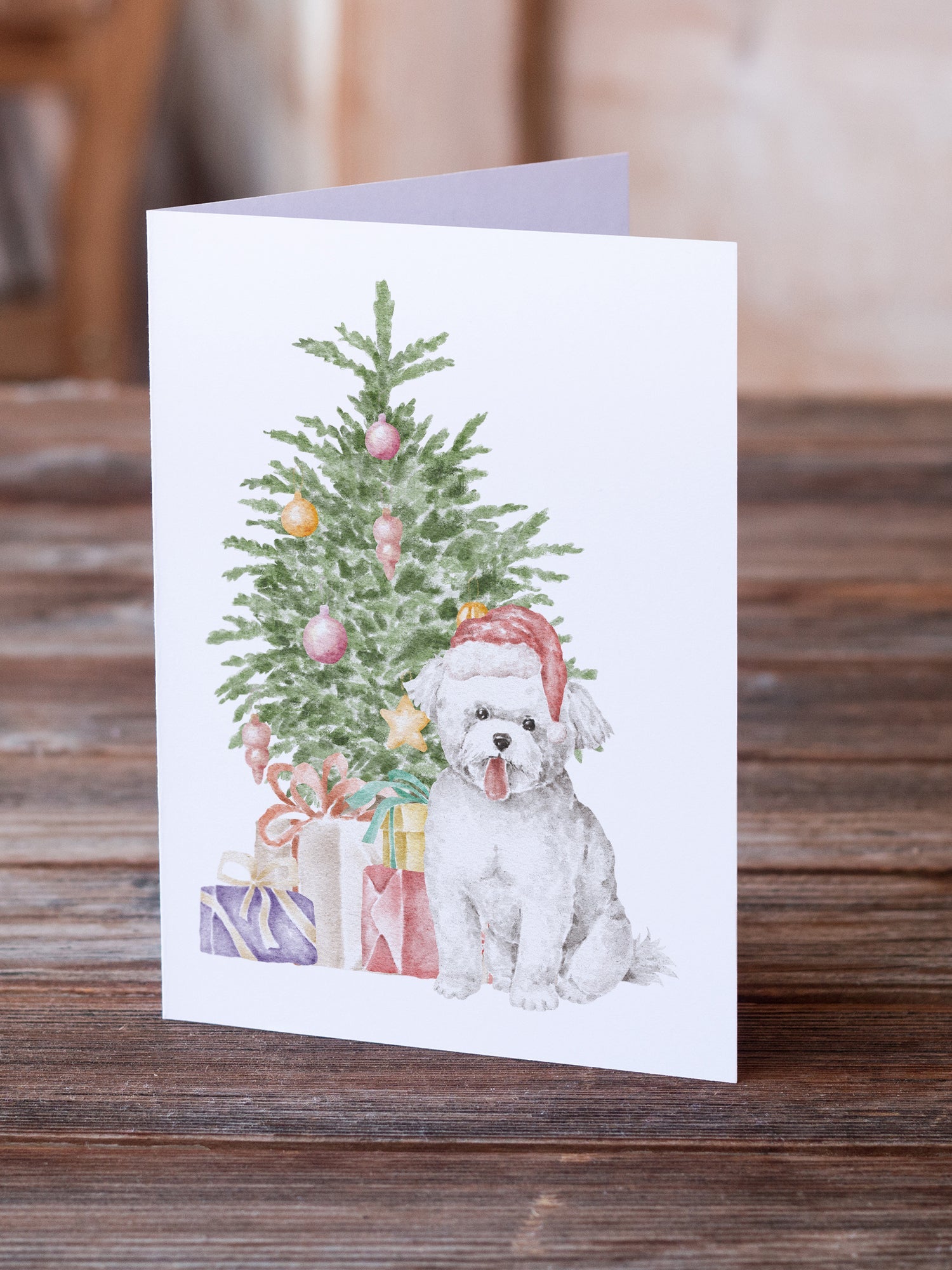 Bichon Frise Puppy Christmas Presents and Tree Greeting Cards Pack of 8 Blank Cards with Envelopes Whimsical A7 Size 5x7