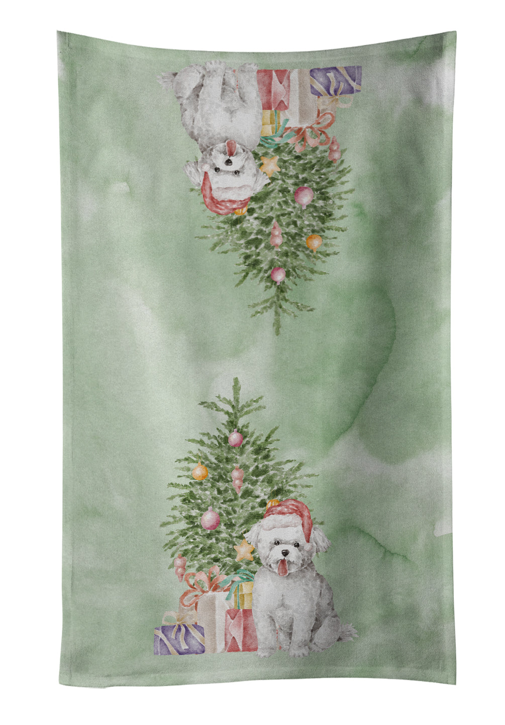 Bichon Frise Puppy Christmas Presents and Tree Kitchen Towel Velour Plush Front and Cotton Loop Back Machine Washable