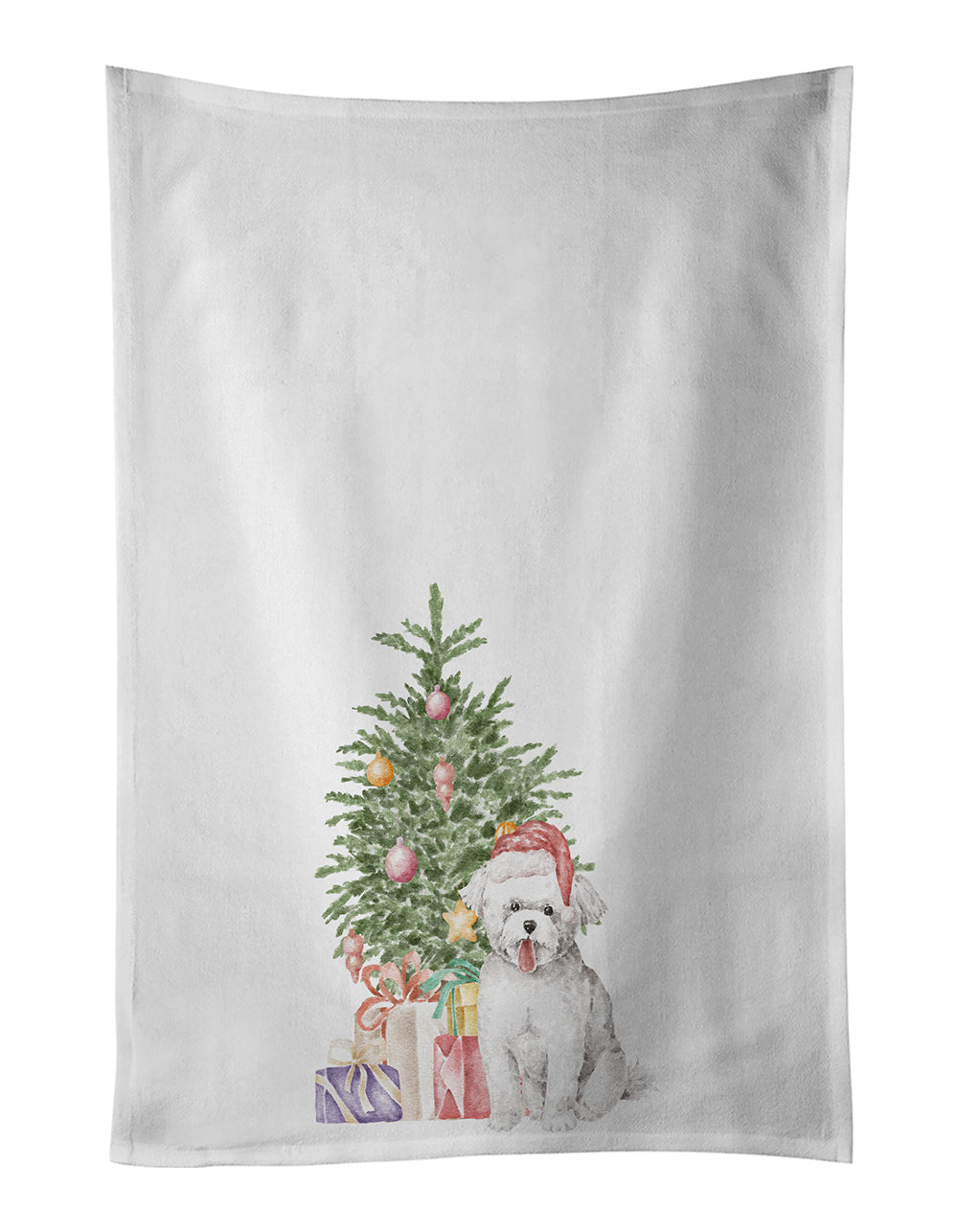 Bichon Frise Puppy Christmas Presents and Tree Kitchen Towel Set of 2 White Dish Towels Decorative Bathroom Hand towel for Hand, Face, Hair, Yoga, Tea, Dishcloth, 19 X 28", White