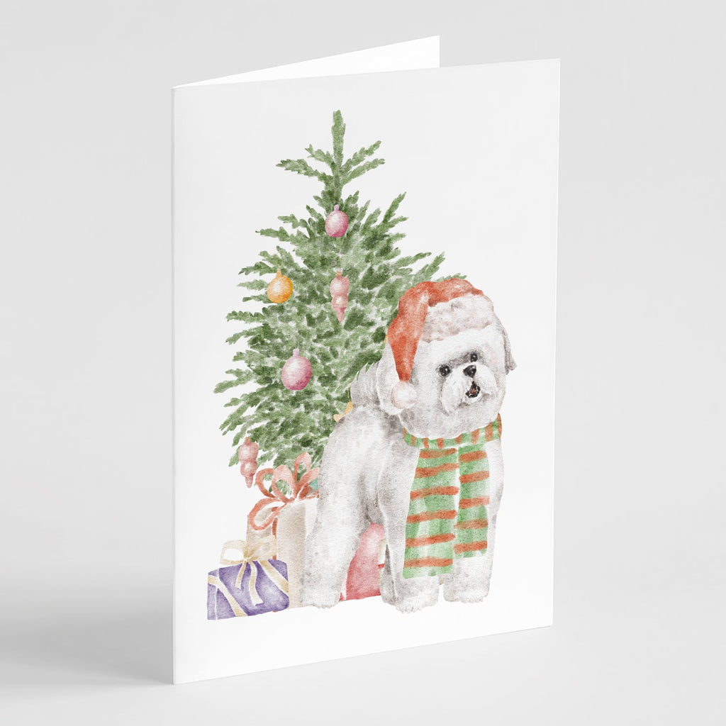 Bichon Frise Red Hat Christmas Presents and Tree Greeting Cards Pack of 8 Blank Cards with Envelopes Whimsical A7 Size 5x7