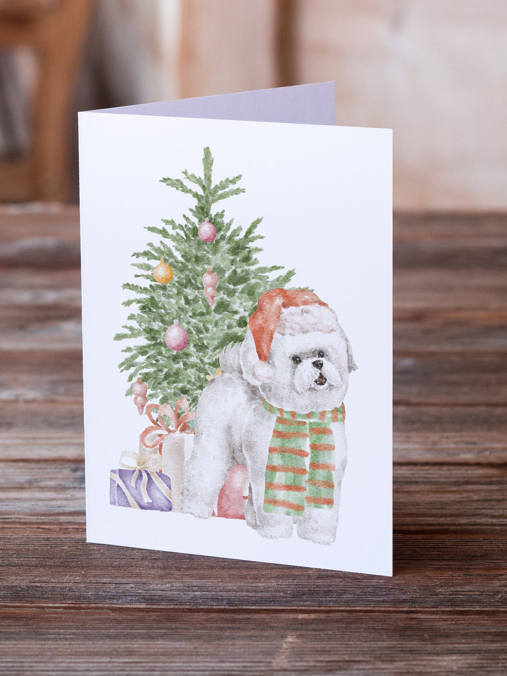 Bichon Frise Red Hat Christmas Presents and Tree Greeting Cards Pack of 8 Blank Cards with Envelopes Whimsical A7 Size 5x7