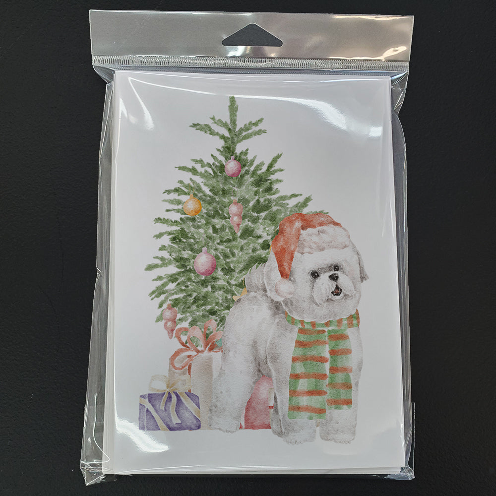 Bichon Frise Red Hat Christmas Presents and Tree Greeting Cards Pack of 8 Blank Cards with Envelopes Whimsical A7 Size 5x7