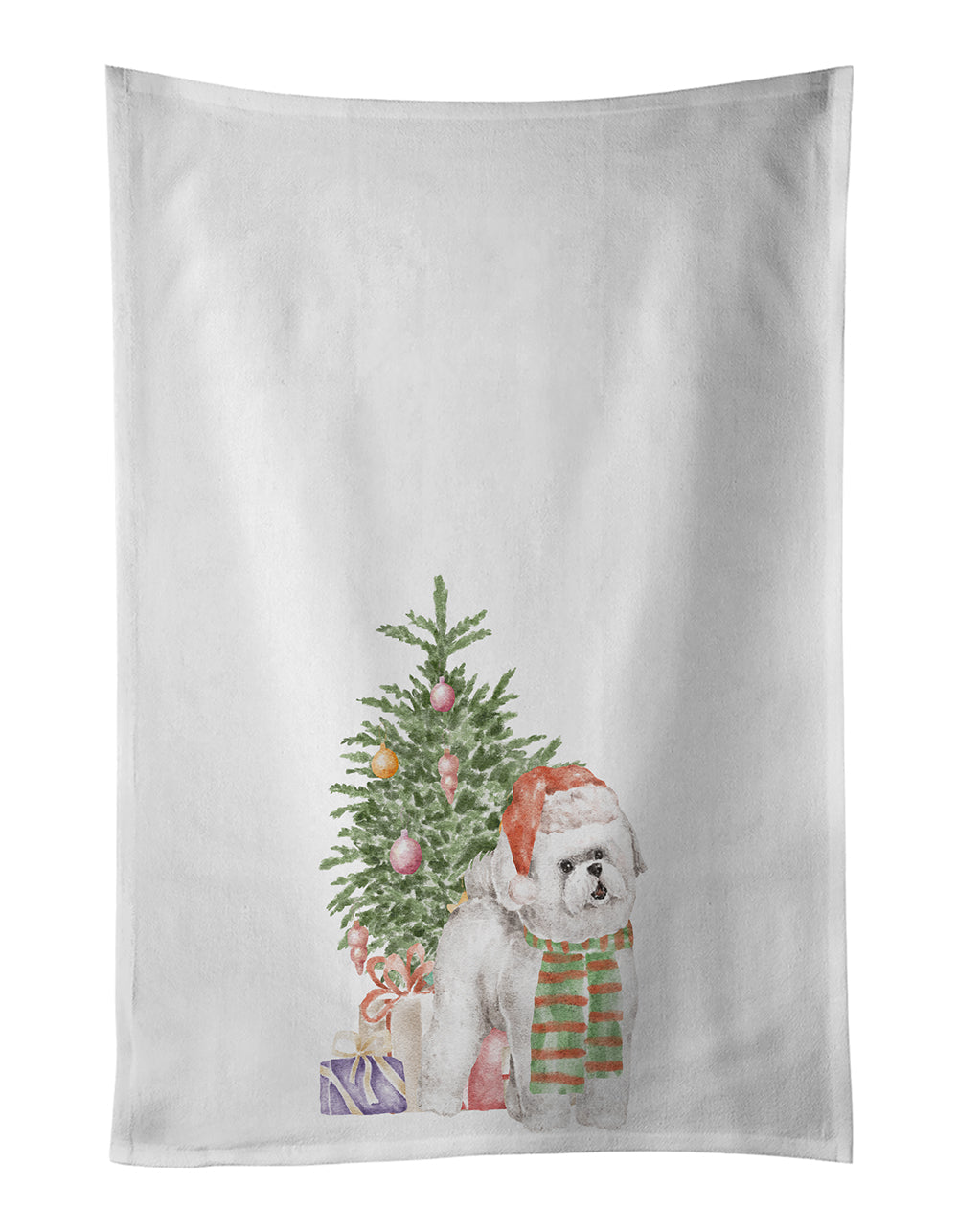 Bichon Frise Red Hat Christmas Presents and Tree Kitchen Towel Set of 2 White Dish Towels Decorative Bathroom Hand towel for Hand, Face, Hair, Yoga, Tea, Dishcloth, 19 X 28", White