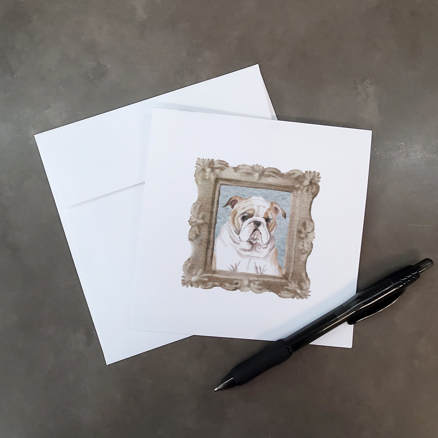English Bulldog Fawn White Front View Pretty as a Picture Square Greeting Cards and Envelopes Pack of 8 Blank Cards with Envelopes Blank Thank You Note Greeting Cards Stationery