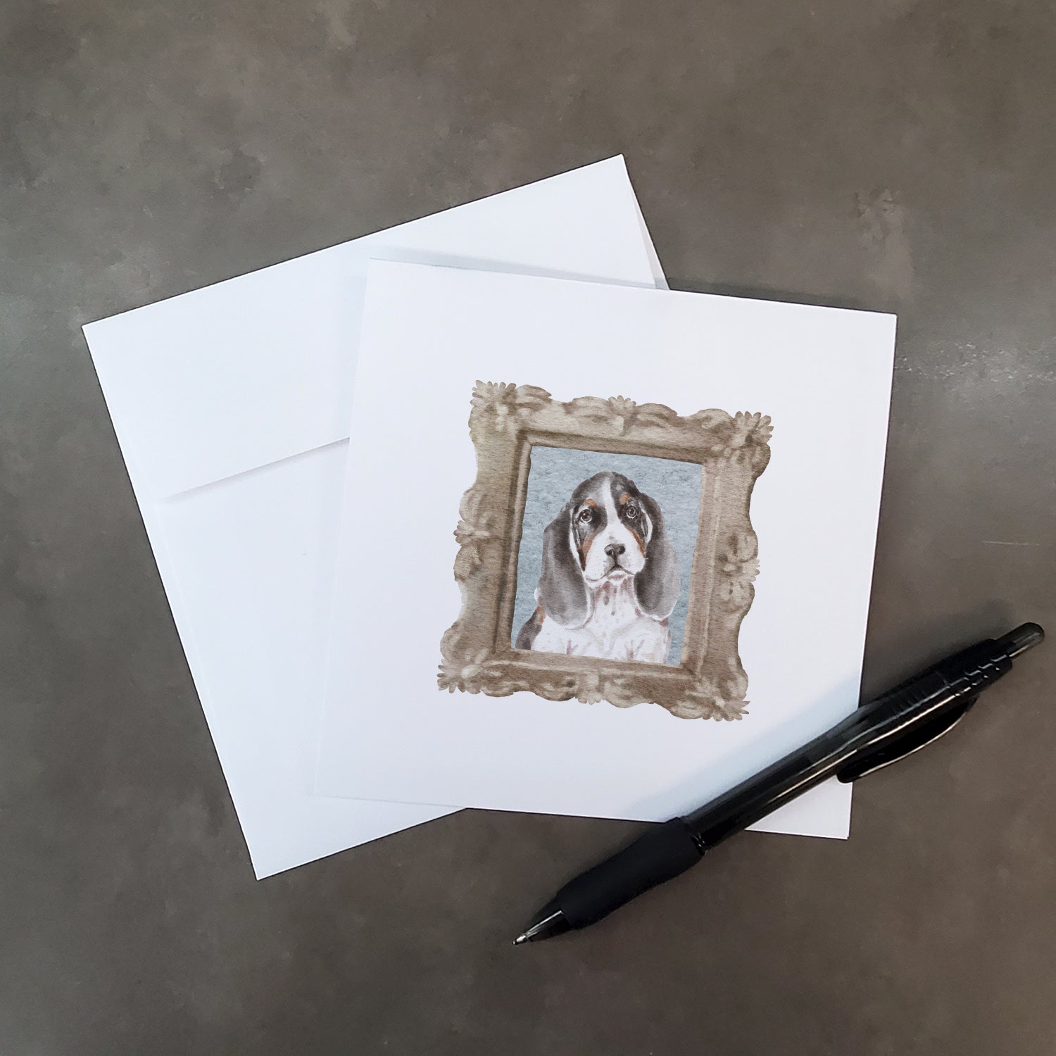 Basset Hound Tricolor Front View Pretty as a Picture Square Greeting Cards and Envelopes Pack of 8 Blank Cards with Envelopes Blank Thank You Note Greeting Cards Stationery