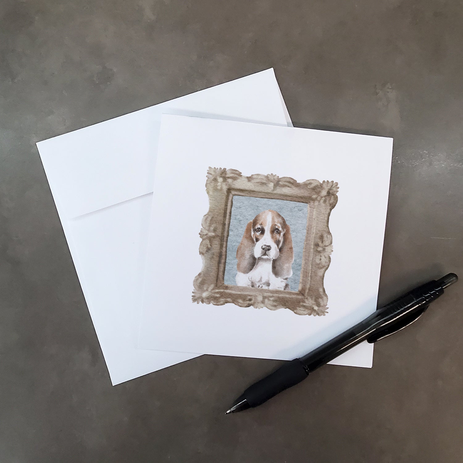 Basset Hound Red White Front View Pretty as a Picture Square Greeting Cards and Envelopes Pack of 8 Blank Cards with Envelopes Blank Thank You Note Greeting Cards Stationery