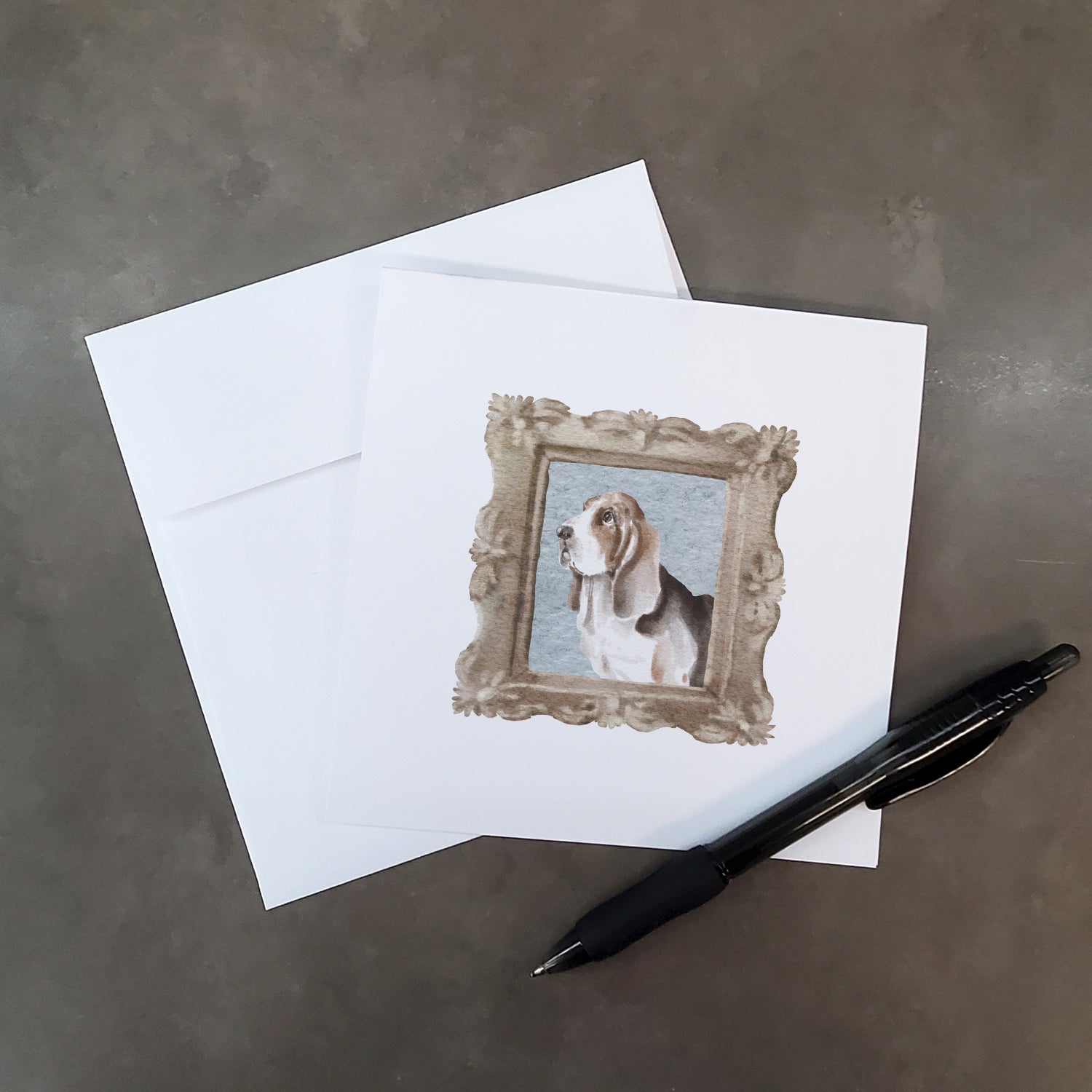 Basset Hound Tricolor Side View 3 Pretty as a Picture Square Greeting Cards and Envelopes Pack of 8 Blank Cards with Envelopes Blank Thank You Note Greeting Cards Stationery
