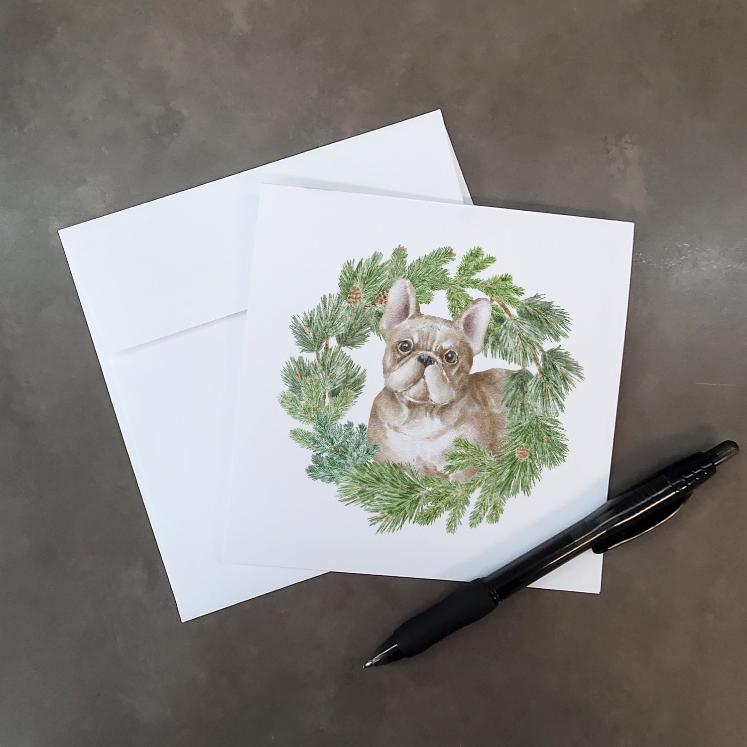 French Bulldog Fawn Christmas Wreath Square Greeting Cards and Envelopes Pack of 8 Blank Cards with Envelopes Blank Thank You Note Greeting Cards Stationery