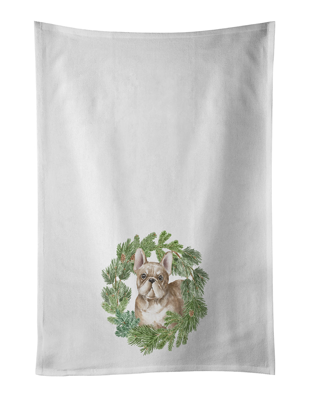 French Bulldog Fawn Christmas Wreath Kitchen Towel Set of 2 White Dish Towels Decorative Bathroom Hand towel for Hand, Face, Hair, Yoga, Tea, Dishcloth, 19 X 28", White