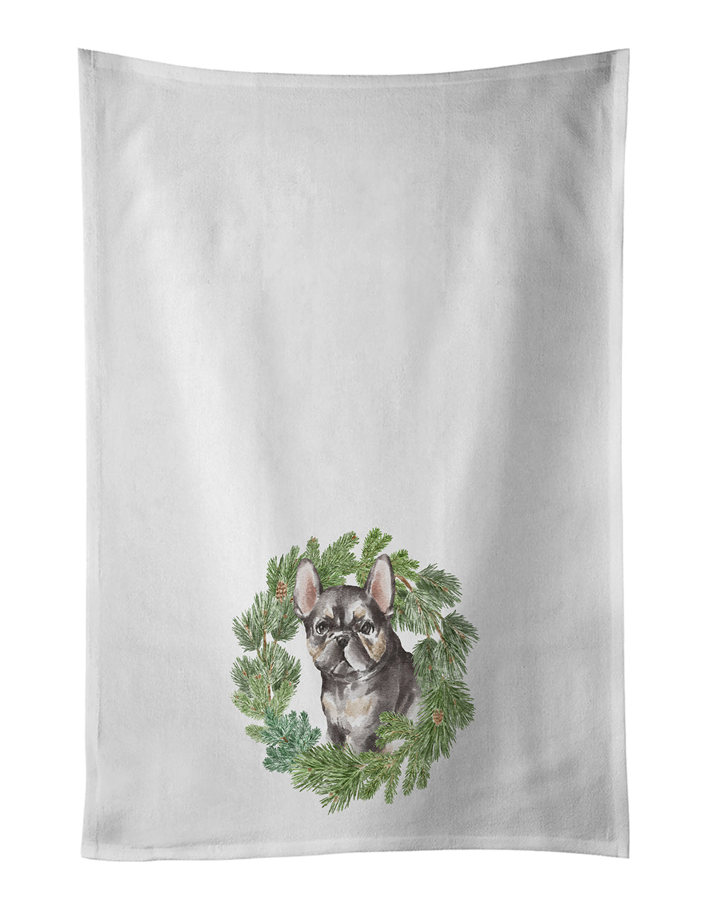 French Bulldog Puppy Black Christmas Wreath Kitchen Towel Set of 2 White Dish Towels Decorative Bathroom Hand towel for Hand, Face, Hair, Yoga, Tea, Dishcloth, 19 X 28", White