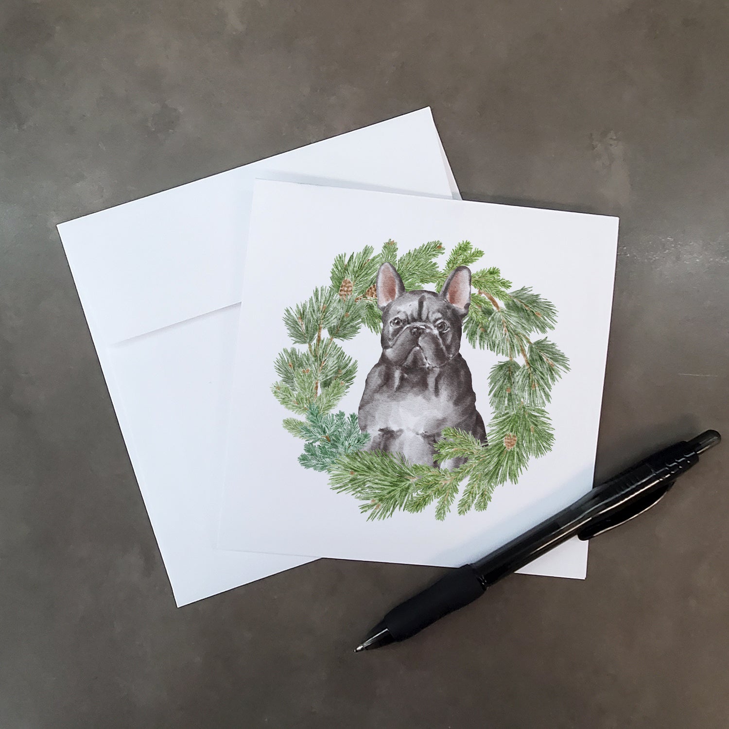 French Bulldog Black Christmas Wreath Square Greeting Cards and Envelopes Pack of 8 Blank Cards with Envelopes Blank Thank You Note Greeting Cards Stationery
