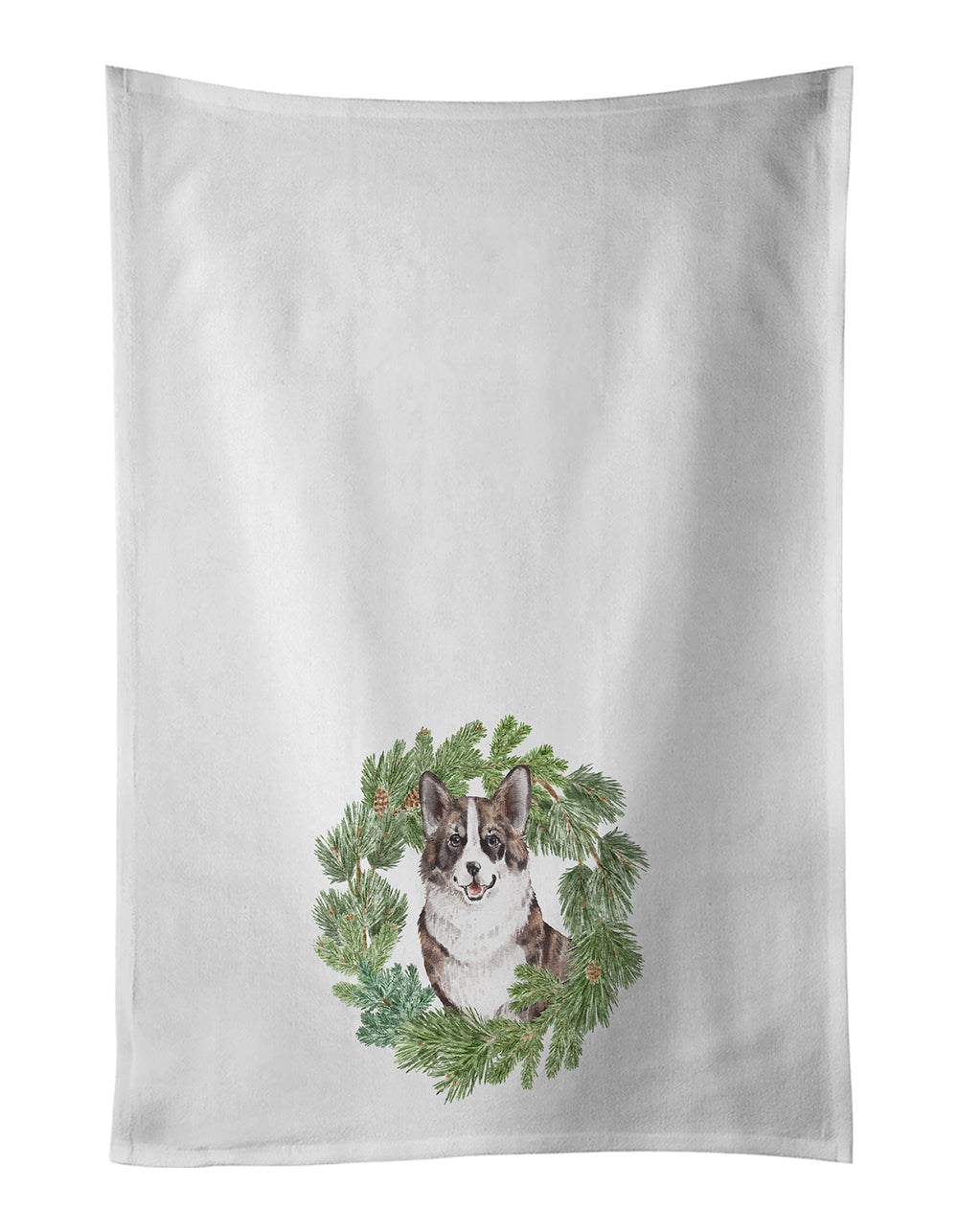 Corgi Brindle Christmas Wreath Kitchen Towel Set of 2 White Dish Towels Decorative Bathroom Hand towel for Hand, Face, Hair, Yoga, Tea, Dishcloth, 19 X 28", White