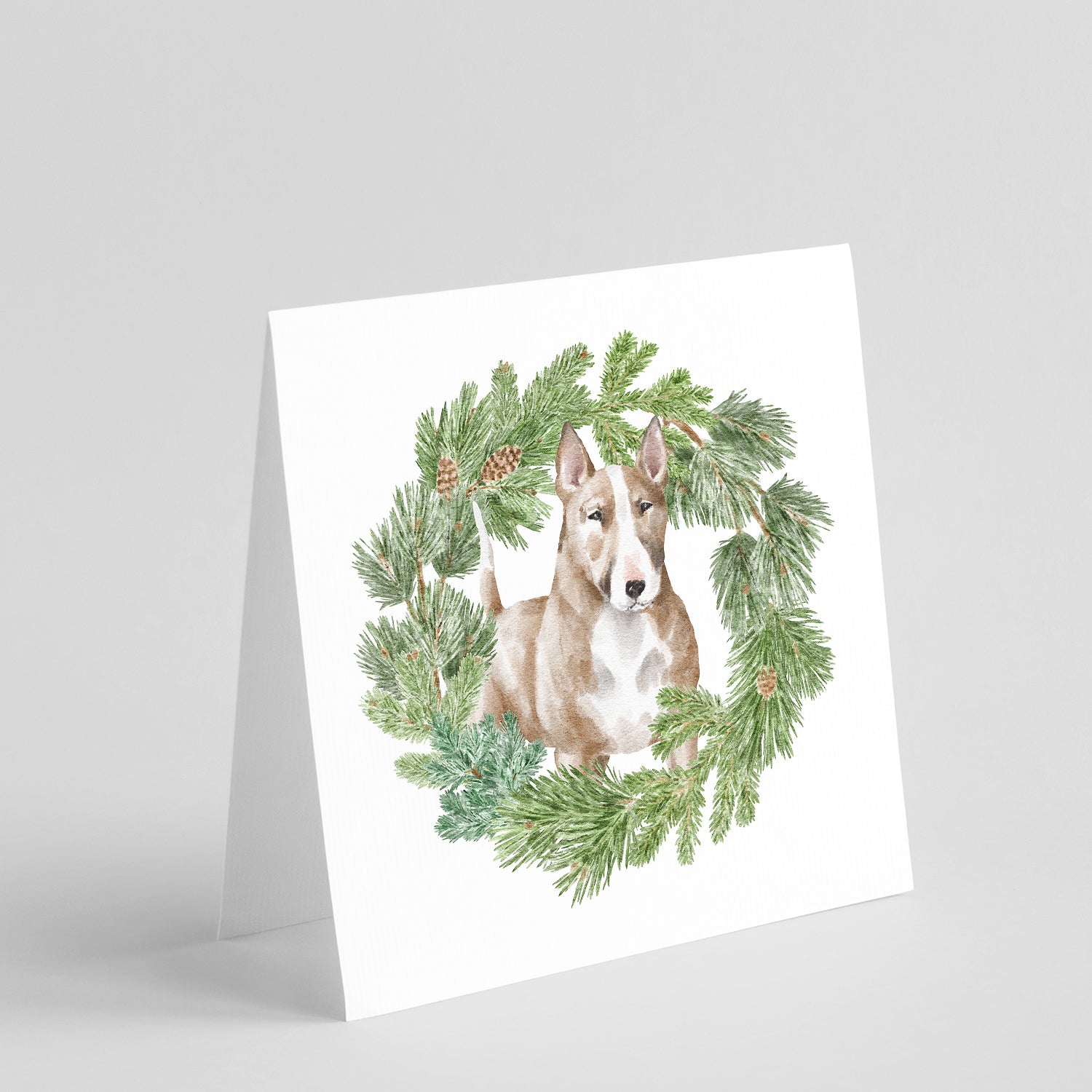 Bull Terrier Red and White Christmas Wreath Square Greeting Cards and Envelopes Pack of 8 Blank Cards with Envelopes Blank Thank You Note Greeting Cards Stationery