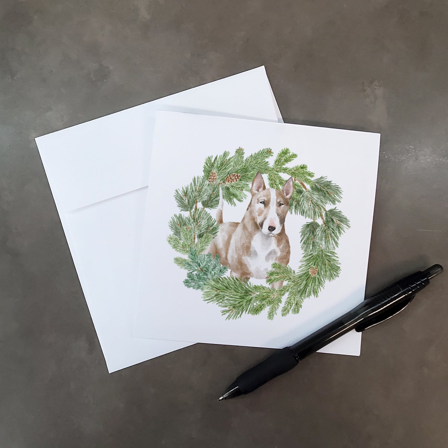Bull Terrier Red and White Christmas Wreath Square Greeting Cards and Envelopes Pack of 8 Blank Cards with Envelopes Blank Thank You Note Greeting Cards Stationery