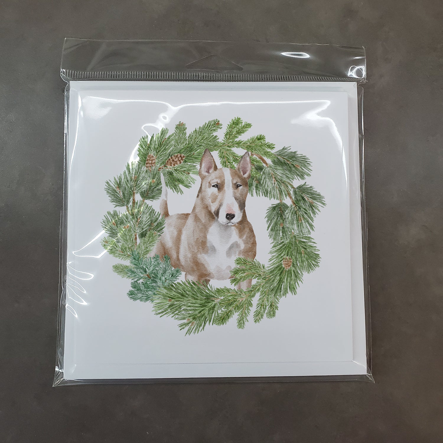 Bull Terrier Red and White Christmas Wreath Square Greeting Cards and Envelopes Pack of 8 Blank Cards with Envelopes Blank Thank You Note Greeting Cards Stationery