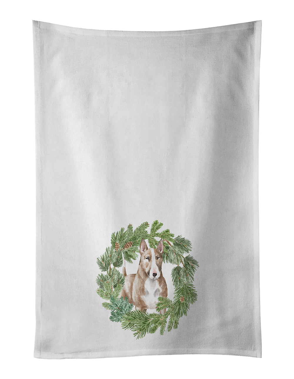 Bull Terrier Red and White Christmas Wreath Kitchen Towel Set of 2 White Dish Towels Decorative Bathroom Hand towel for Hand, Face, Hair, Yoga, Tea, Dishcloth, 19 X 28", White