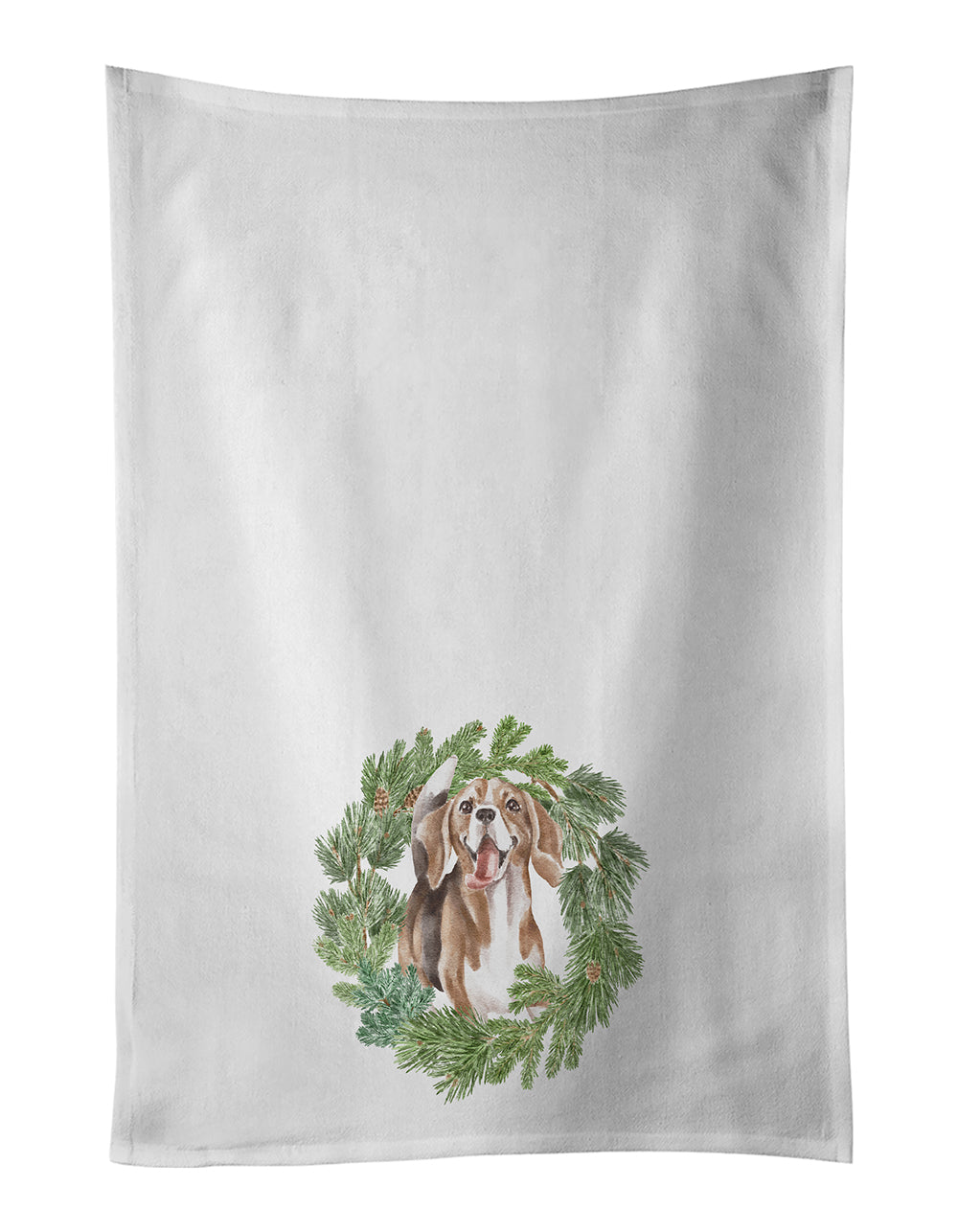 Beagle Smiling Christmas Wreath Kitchen Towel Set of 2 White Dish Towels Decorative Bathroom Hand towel for Hand, Face, Hair, Yoga, Tea, Dishcloth, 19 X 28", White