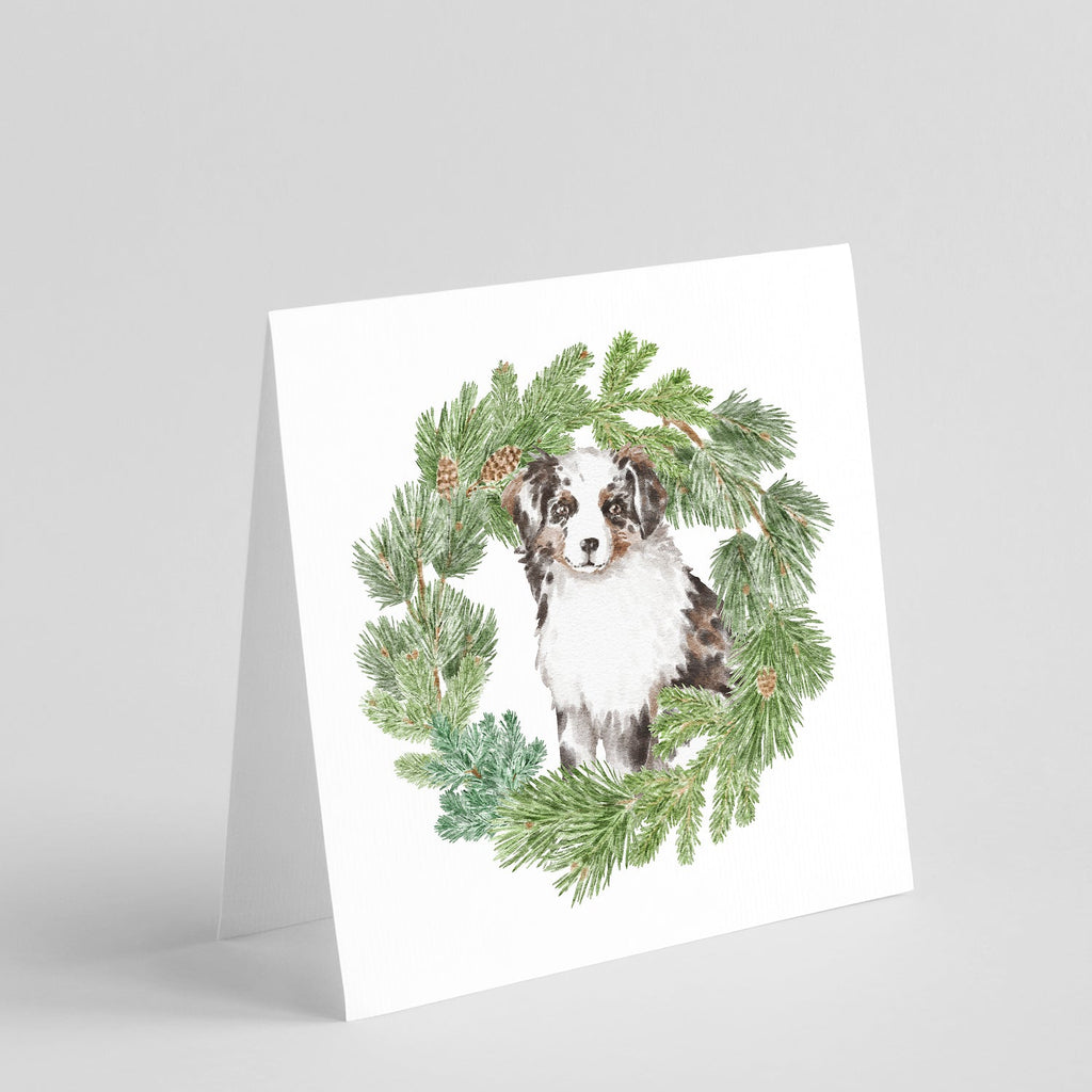 Australian Shepherd Puppy Blue Merle Christmas Wreath Square Greeting Cards and Envelopes Pack of 8 Blank Cards with Envelopes Blank Thank You Note Greeting Cards Stationery