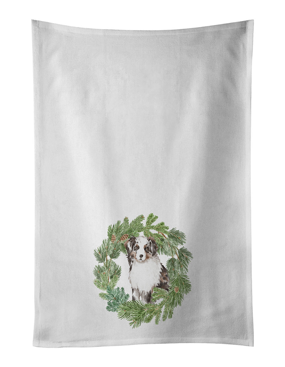 Australian Shepherd Puppy Blue Merle Christmas Wreath Kitchen Towel Set of 2 White Dish Towels Decorative Bathroom Hand towel for Hand, Face, Hair, Yoga, Tea, Dishcloth, 19 X 28", White