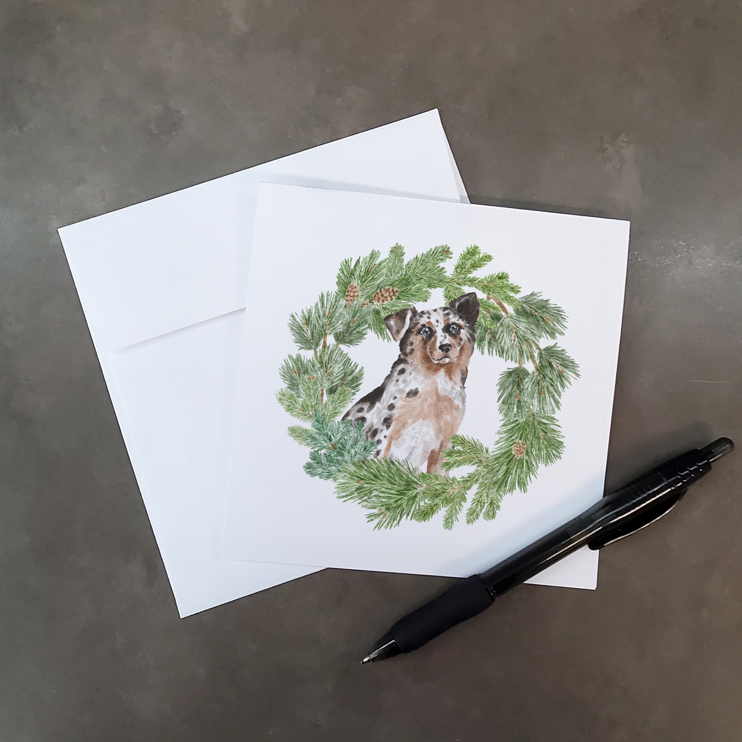 Australian Shepherd Blue Merle Shorthaired Christmas Wreath Square Greeting Cards and Envelopes Pack of 8 Blank Cards with Envelopes Blank Thank You Note Greeting Cards Stationery