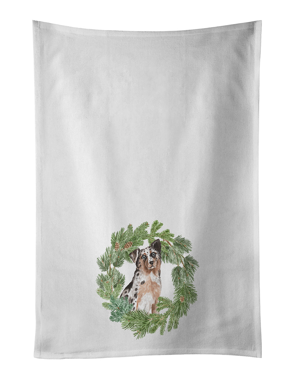 Australian Shepherd Blue Merle Shorthaired Christmas Wreath Kitchen Towel Set of 2 White Dish Towels Decorative Bathroom Hand towel for Hand, Face, Hair, Yoga, Tea, Dishcloth, 19 X 28", White