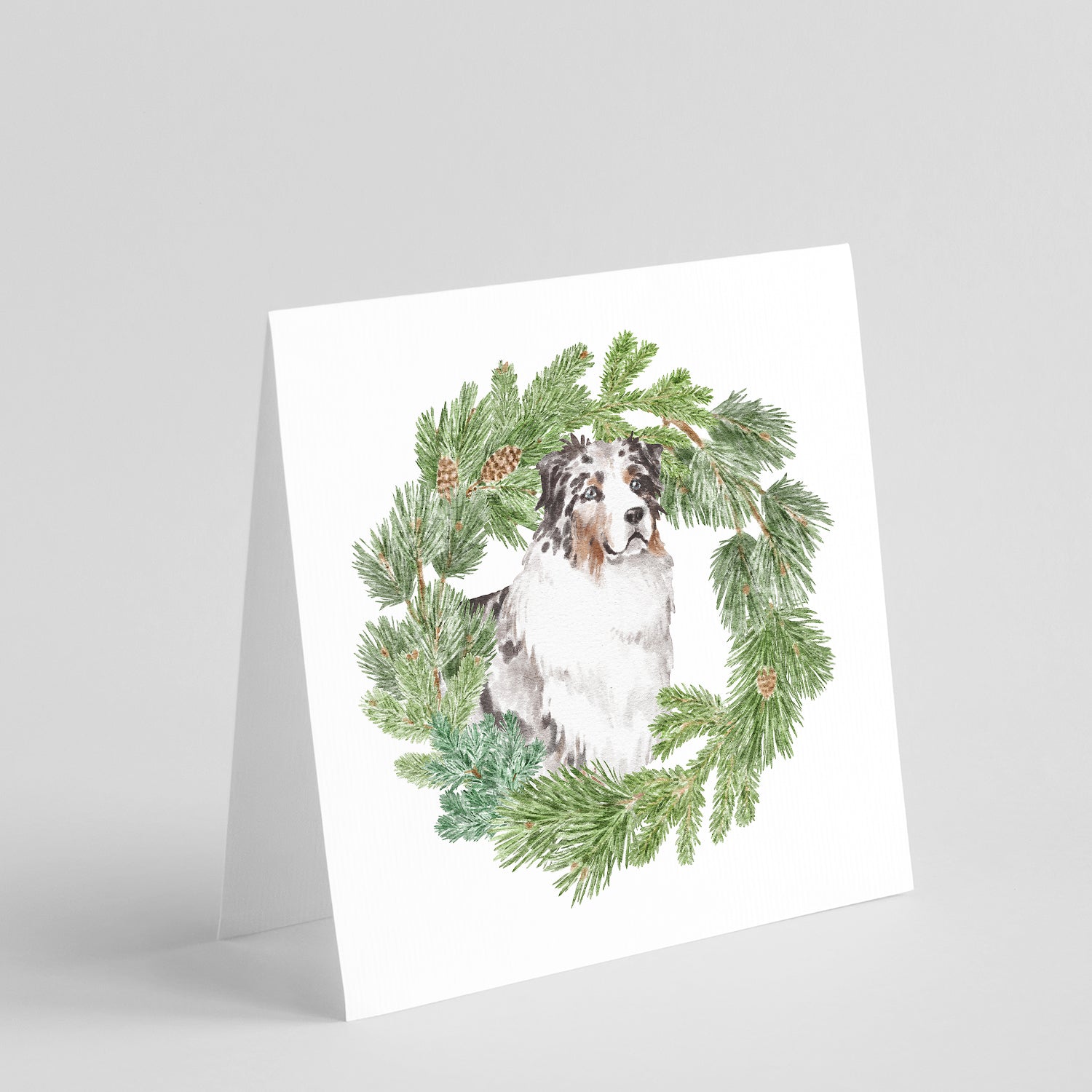 Australian Shepherd Blue Merle Longhaired Christmas Wreath Square Greeting Cards and Envelopes Pack of 8 Blank Cards with Envelopes Blank Thank You Note Greeting Cards Stationery