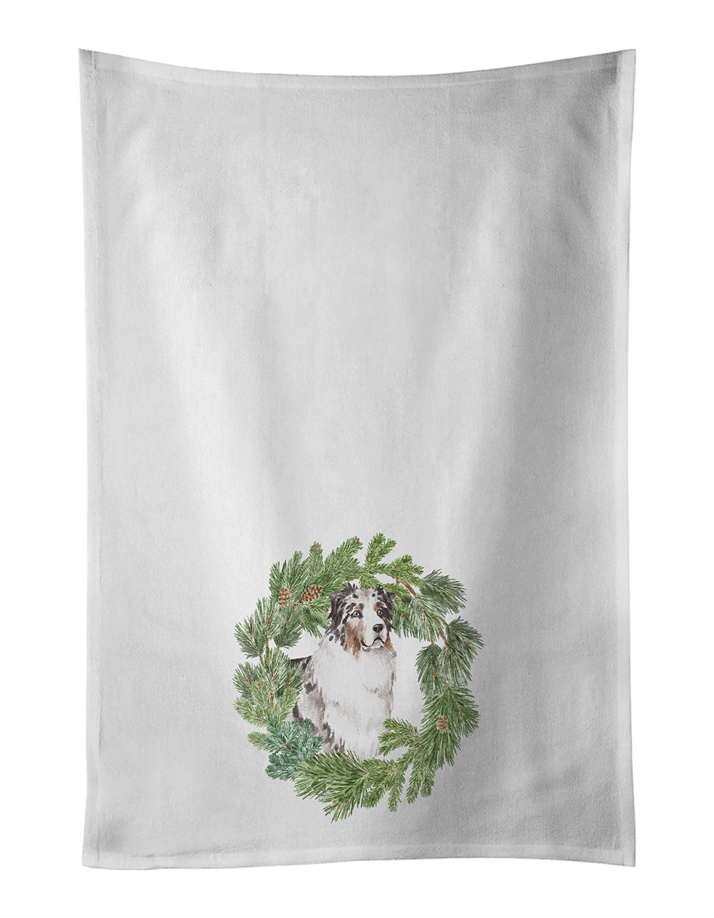 Australian Shepherd Blue Merle Longhaired Christmas Wreath Kitchen Towel Set of 2 White Dish Towels Decorative Bathroom Hand towel for Hand, Face, Hair, Yoga, Tea, Dishcloth, 19 X 28", White