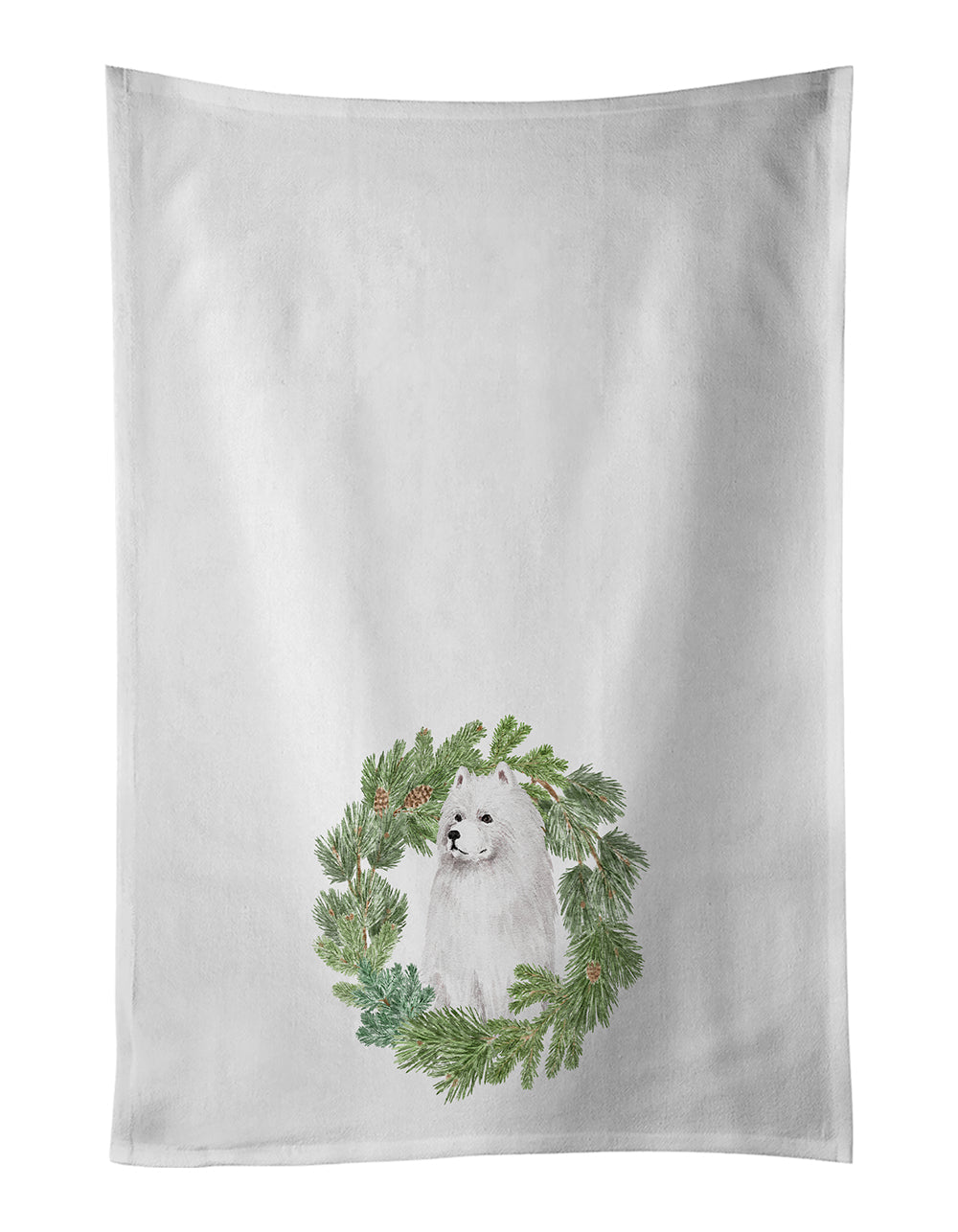 Samoyed Sitting Christmas Wreath Kitchen Towel Set of 2 White Dish Towels Decorative Bathroom Hand towel for Hand, Face, Hair, Yoga, Tea, Dishcloth, 19 X 28", White