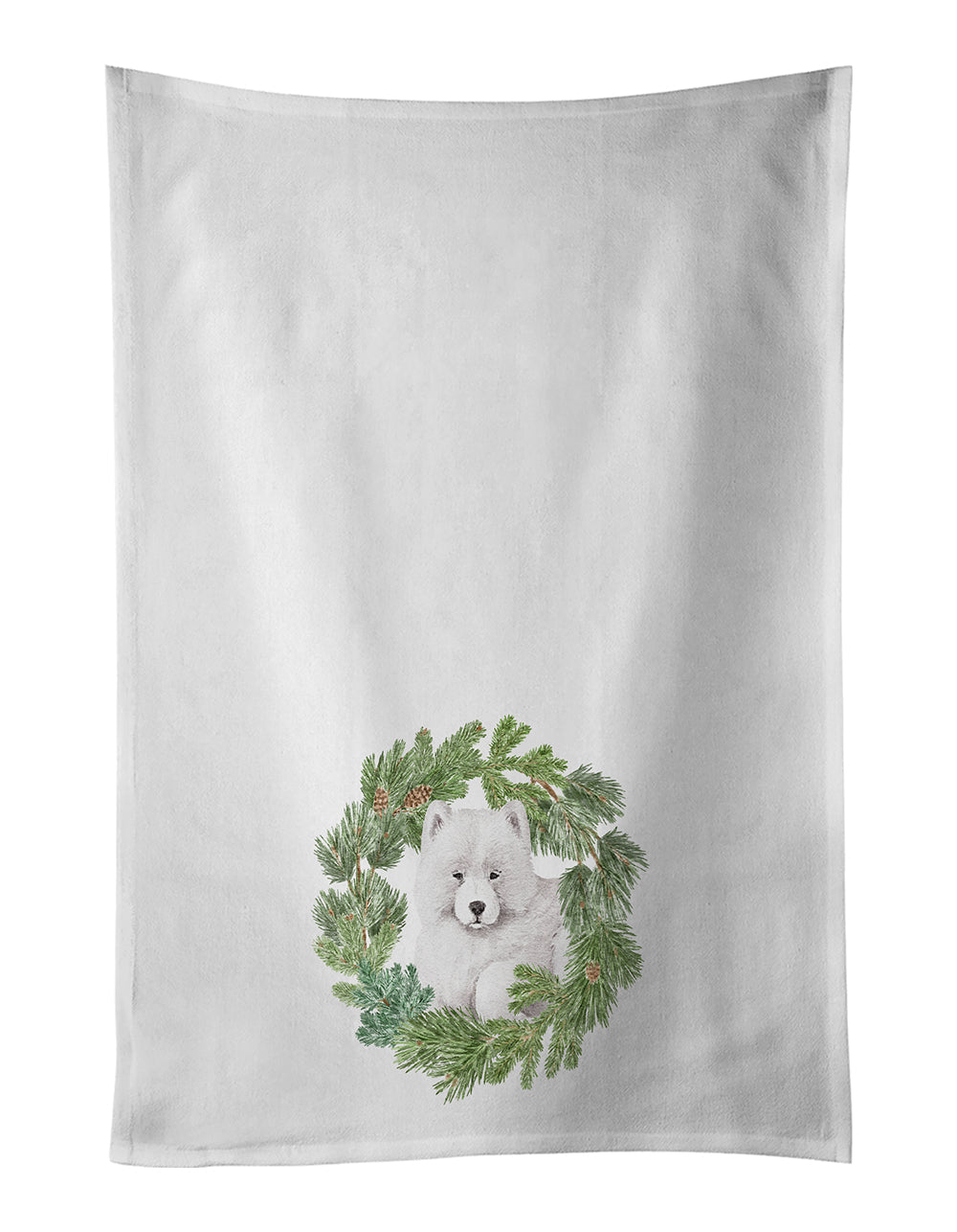 Samoyed Puppy Christmas Wreath Kitchen Towel Set of 2 White Dish Towels Decorative Bathroom Hand towel for Hand, Face, Hair, Yoga, Tea, Dishcloth, 19 X 28", White