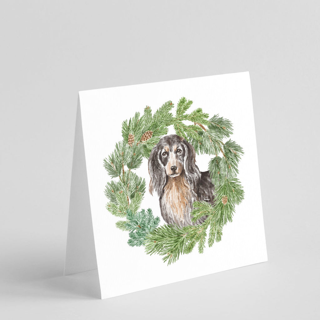 Dachshund Black and Tan Longhaired  Christmas Wreath Square Greeting Cards and Envelopes Pack of 8 Blank Cards with Envelopes Blank Thank You Note Greeting Cards Stationery