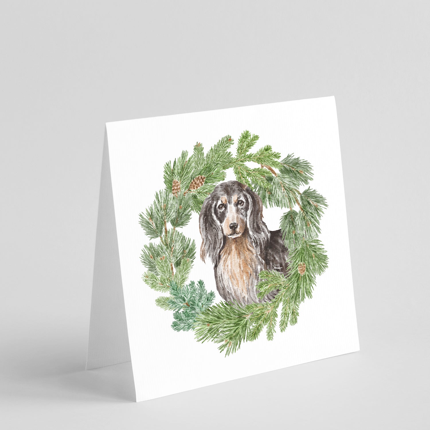 Dachshund Black and Tan Longhaired  Christmas Wreath Square Greeting Cards and Envelopes Pack of 8 Blank Cards with Envelopes Blank Thank You Note Greeting Cards Stationery