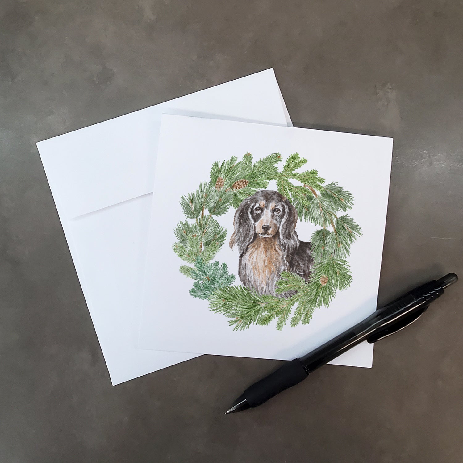 Dachshund Black and Tan Longhaired  Christmas Wreath Square Greeting Cards and Envelopes Pack of 8 Blank Cards with Envelopes Blank Thank You Note Greeting Cards Stationery