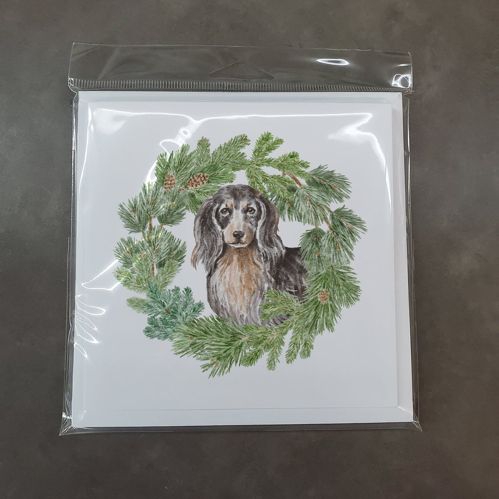 Dachshund Black and Tan Longhaired  Christmas Wreath Square Greeting Cards and Envelopes Pack of 8 Blank Cards with Envelopes Blank Thank You Note Greeting Cards Stationery