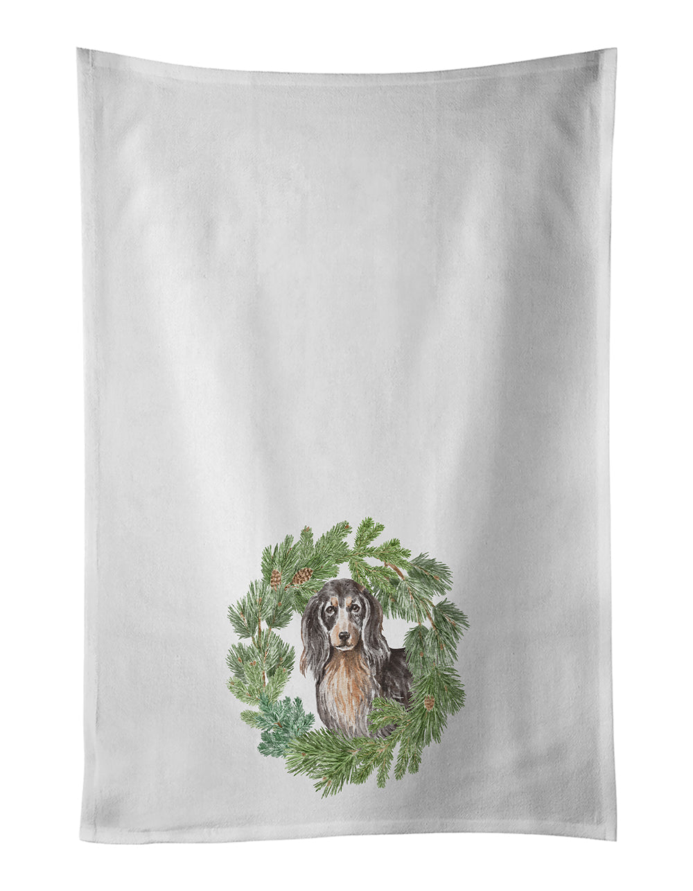 Dachshund Black and Tan Longhaired  Christmas Wreath Kitchen Towel Set of 2 White Dish Towels Decorative Bathroom Hand towel for Hand, Face, Hair, Yoga, Tea, Dishcloth, 19 X 28", White