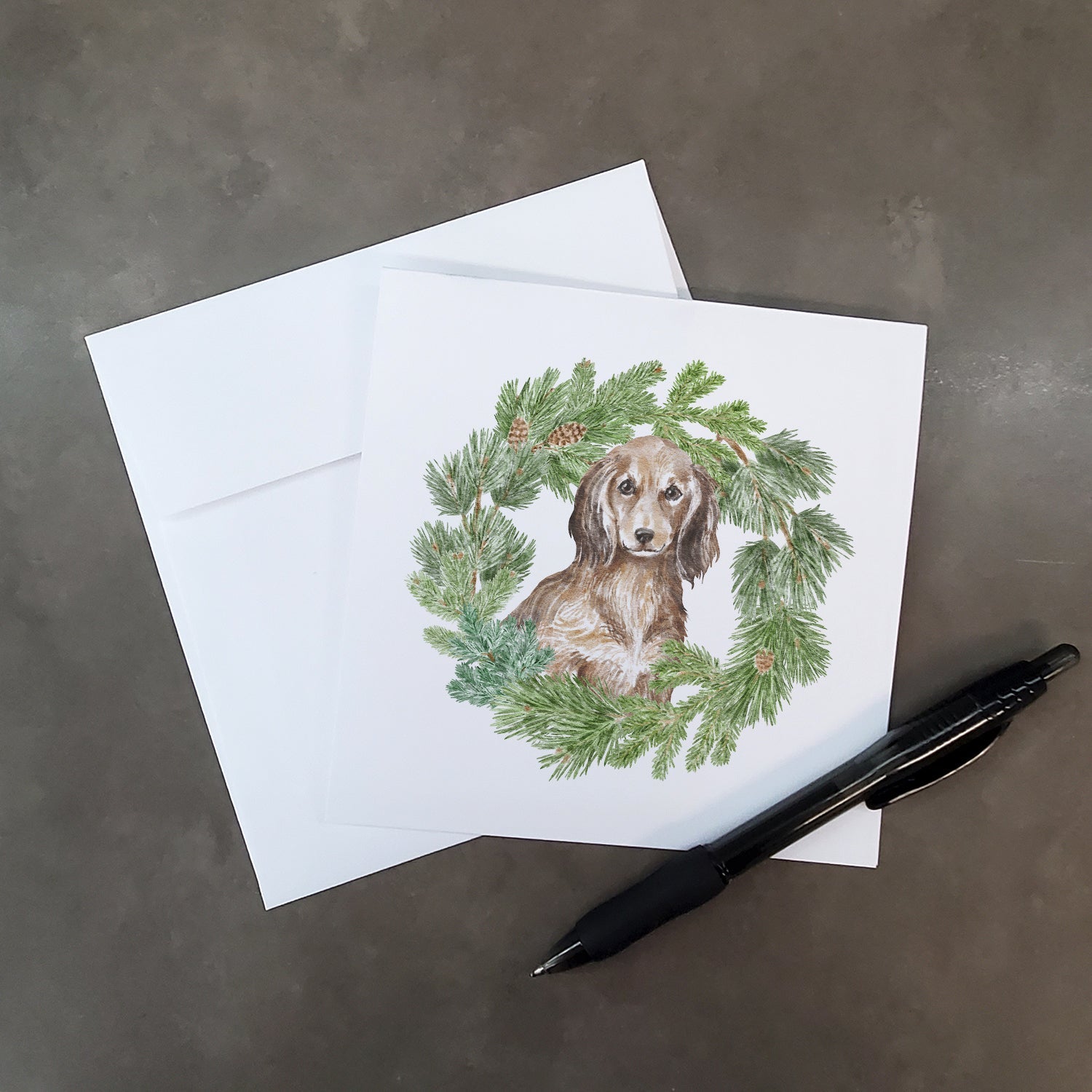 Dachshund Sable Longhaired Christmas Wreath Square Greeting Cards and Envelopes Pack of 8 Blank Cards with Envelopes Blank Thank You Note Greeting Cards Stationery