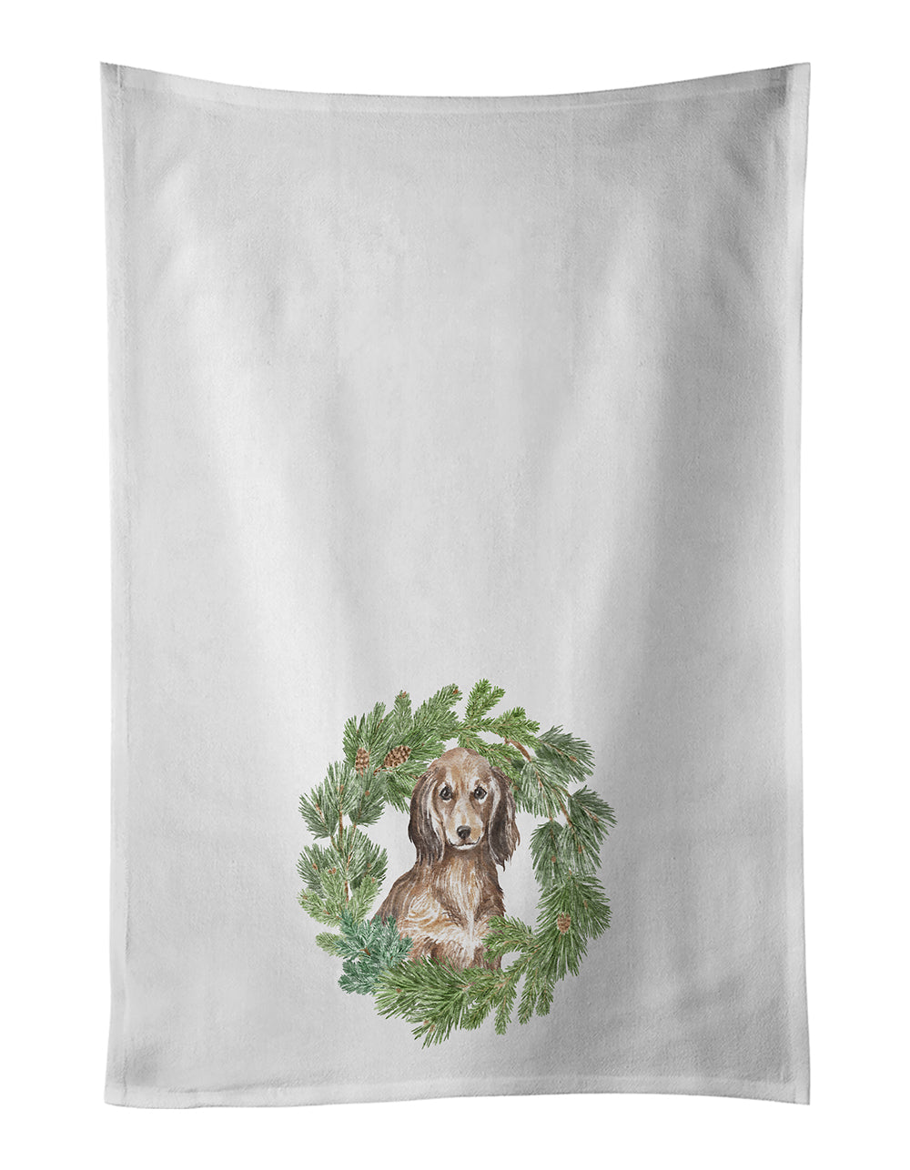 Dachshund Sable Longhaired Christmas Wreath Kitchen Towel Set of 2 White Dish Towels Decorative Bathroom Hand towel for Hand, Face, Hair, Yoga, Tea, Dishcloth, 19 X 28", White