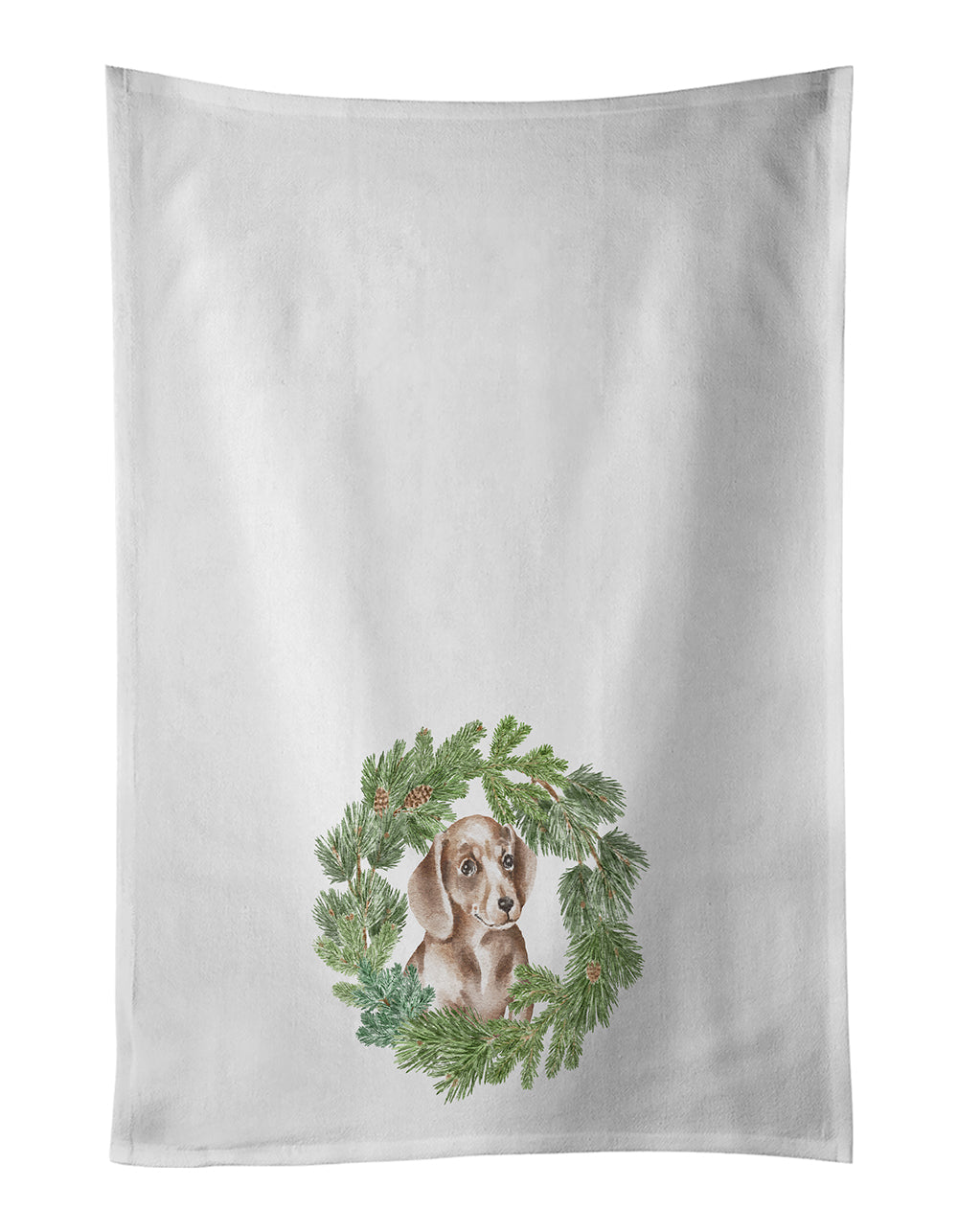 Dachshund Red Puppy Christmas Wreath Kitchen Towel Set of 2 White Dish Towels Decorative Bathroom Hand towel for Hand, Face, Hair, Yoga, Tea, Dishcloth, 19 X 28", White