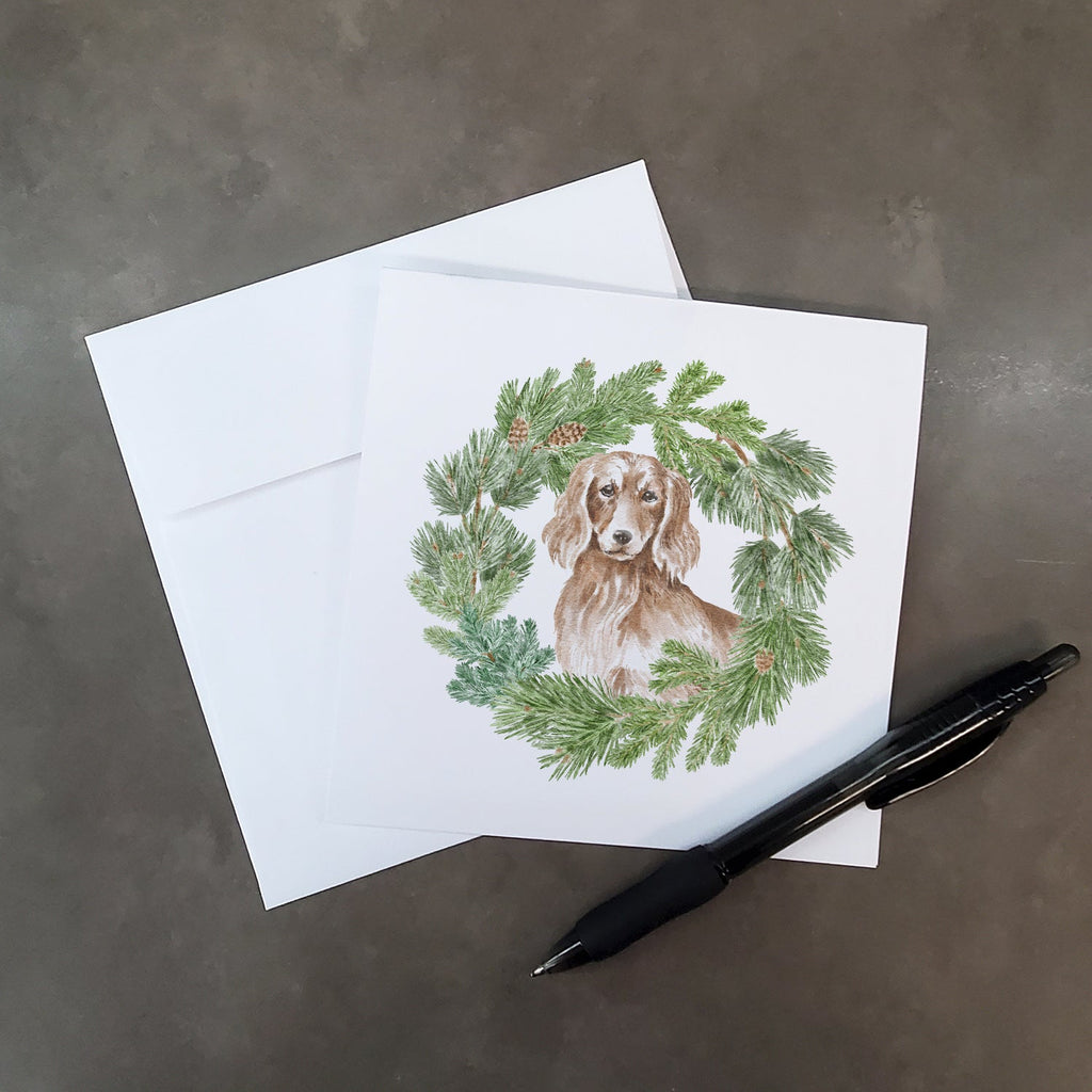 Dachshund Red Longhaired Christmas Wreath Square Greeting Cards and Envelopes Pack of 8 Blank Cards with Envelopes Blank Thank You Note Greeting Cards Stationery