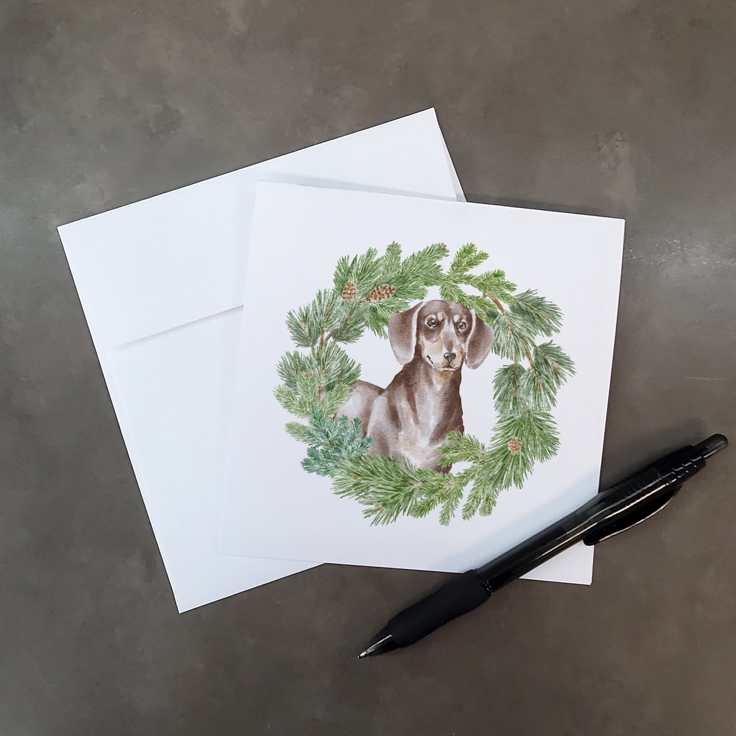Dachshund Chocolate and Tan Christmas Wreath Square Greeting Cards and Envelopes Pack of 8 Blank Cards with Envelopes Blank Thank You Note Greeting Cards Stationery