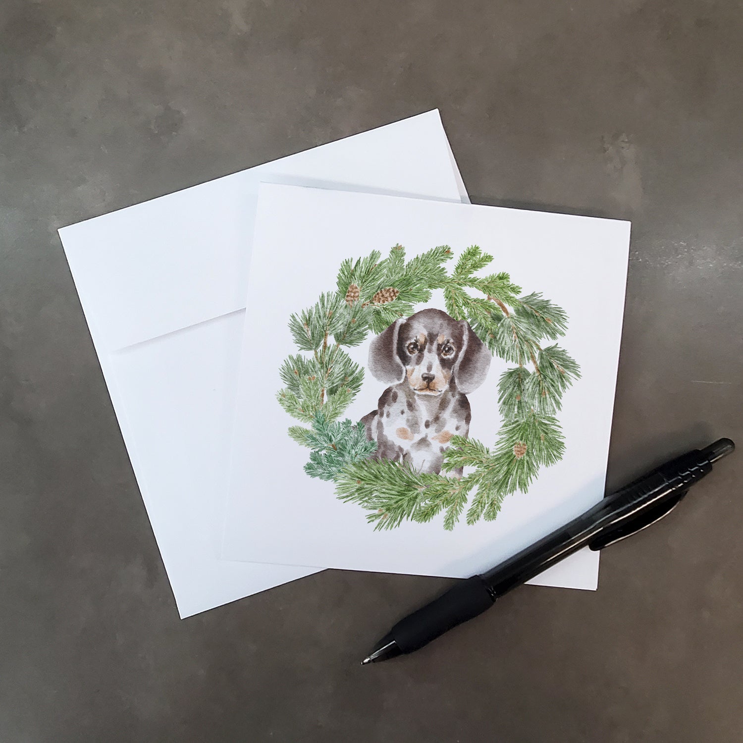 Dachshund Puppy Dappled Christmas Wreath Square Greeting Cards and Envelopes Pack of 8 Blank Cards with Envelopes Blank Thank You Note Greeting Cards Stationery