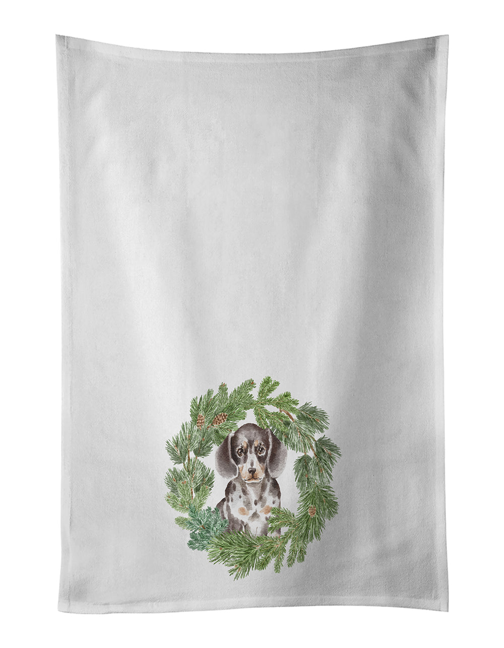 Dachshund Puppy Dappled Christmas Wreath Kitchen Towel Set of 2 White Dish Towels Decorative Bathroom Hand towel for Hand, Face, Hair, Yoga, Tea, Dishcloth, 19 X 28", White