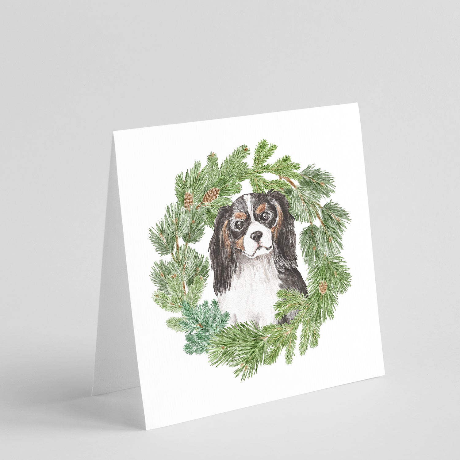 Cavalier Spaniel Tricolor Head Tilt Christmas Wreath Square Greeting Cards and Envelopes Pack of 8 Blank Cards with Envelopes Blank Thank You Note Greeting Cards Stationery