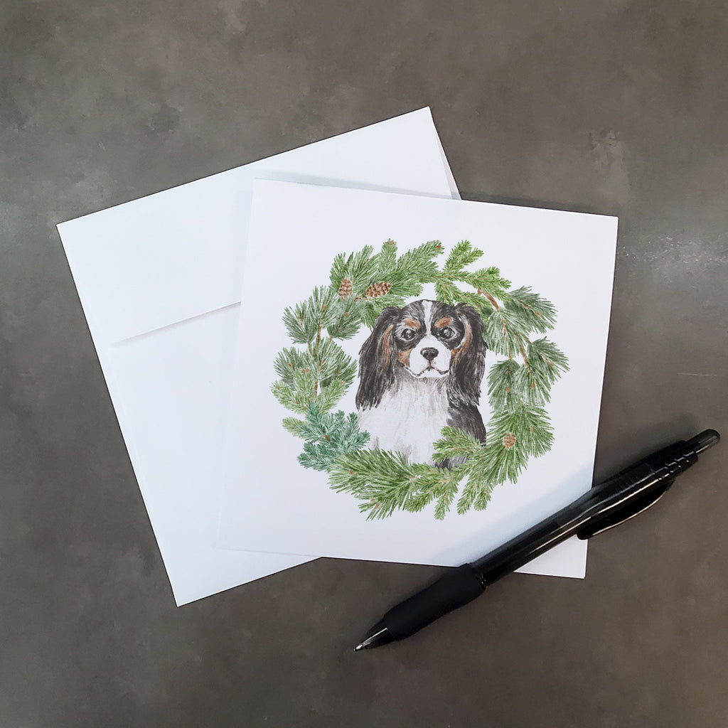 Cavalier Spaniel Tricolor Head Tilt Christmas Wreath Square Greeting Cards and Envelopes Pack of 8 Blank Cards with Envelopes Blank Thank You Note Greeting Cards Stationery