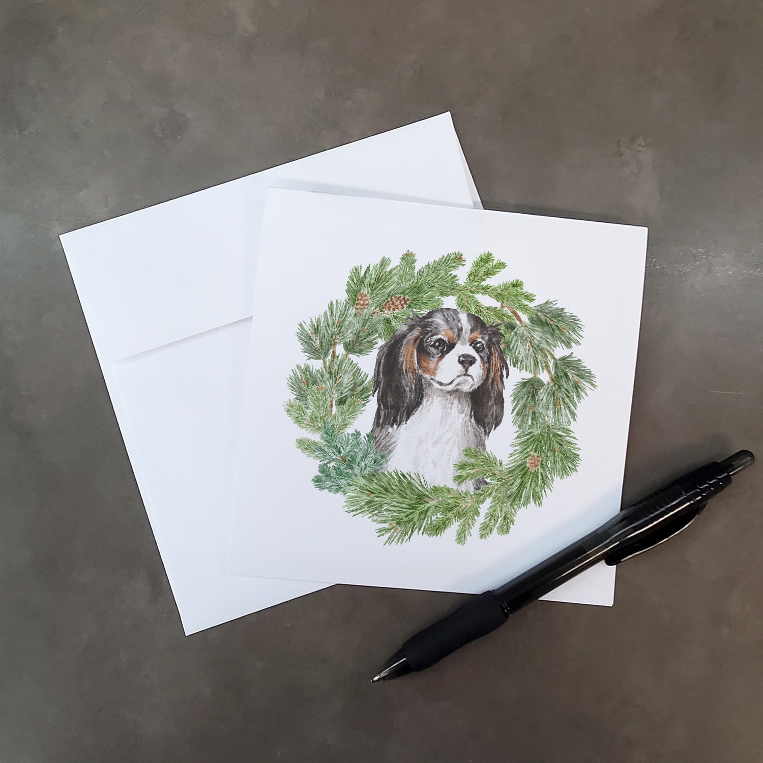 Cavalier Spaniel Tricolor Christmas Wreath Square Greeting Cards and Envelopes Pack of 8 Blank Cards with Envelopes Blank Thank You Note Greeting Cards Stationery