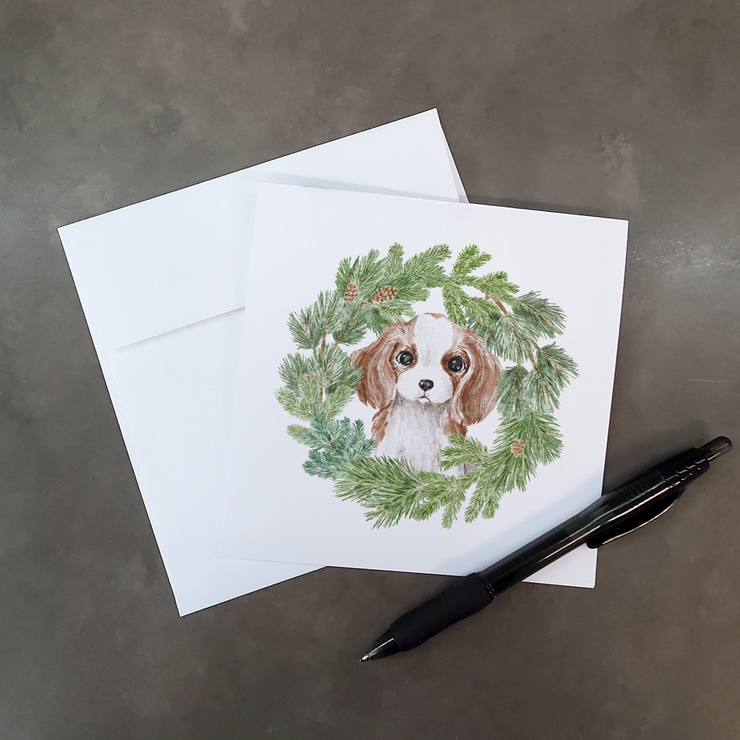 Cavalier Spaniel Puppy Blenheim Christmas Wreath Square Greeting Cards and Envelopes Pack of 8 Blank Cards with Envelopes Blank Thank You Note Greeting Cards Stationery