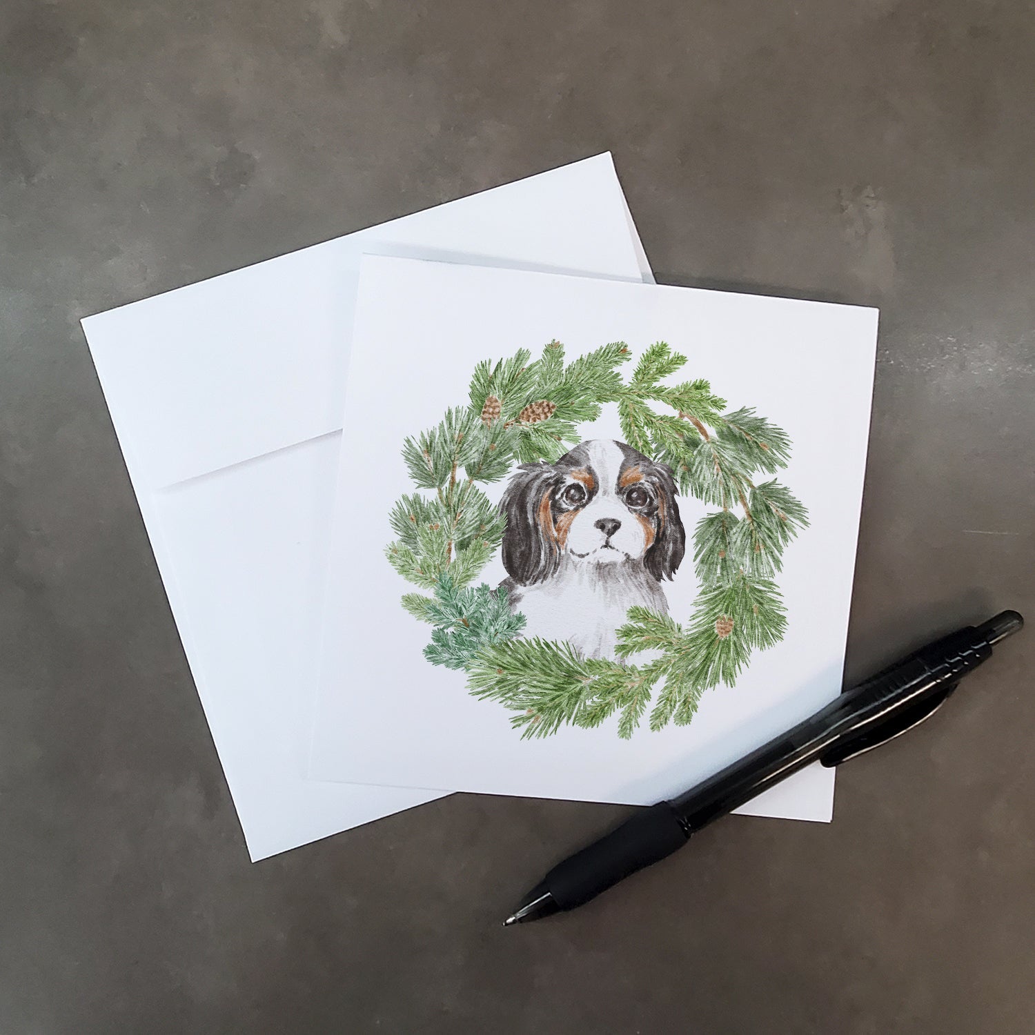 Cavalier Spaniel Puppy Tricolor Christmas Wreath Square Greeting Cards and Envelopes Pack of 8 Blank Cards with Envelopes Blank Thank You Note Greeting Cards Stationery