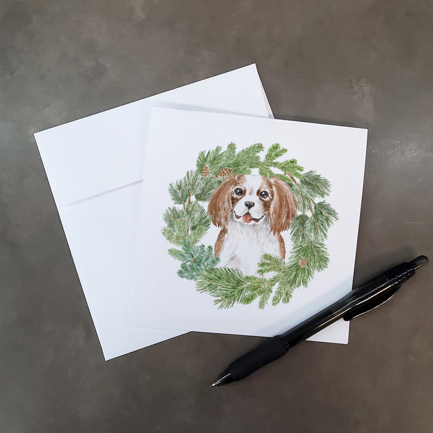 Cavalier Spaniel Blenheim Puppy Smiling Christmas Wreath Square Greeting Cards and Envelopes Pack of 8 Blank Cards with Envelopes Blank Thank You Note Greeting Cards Stationery